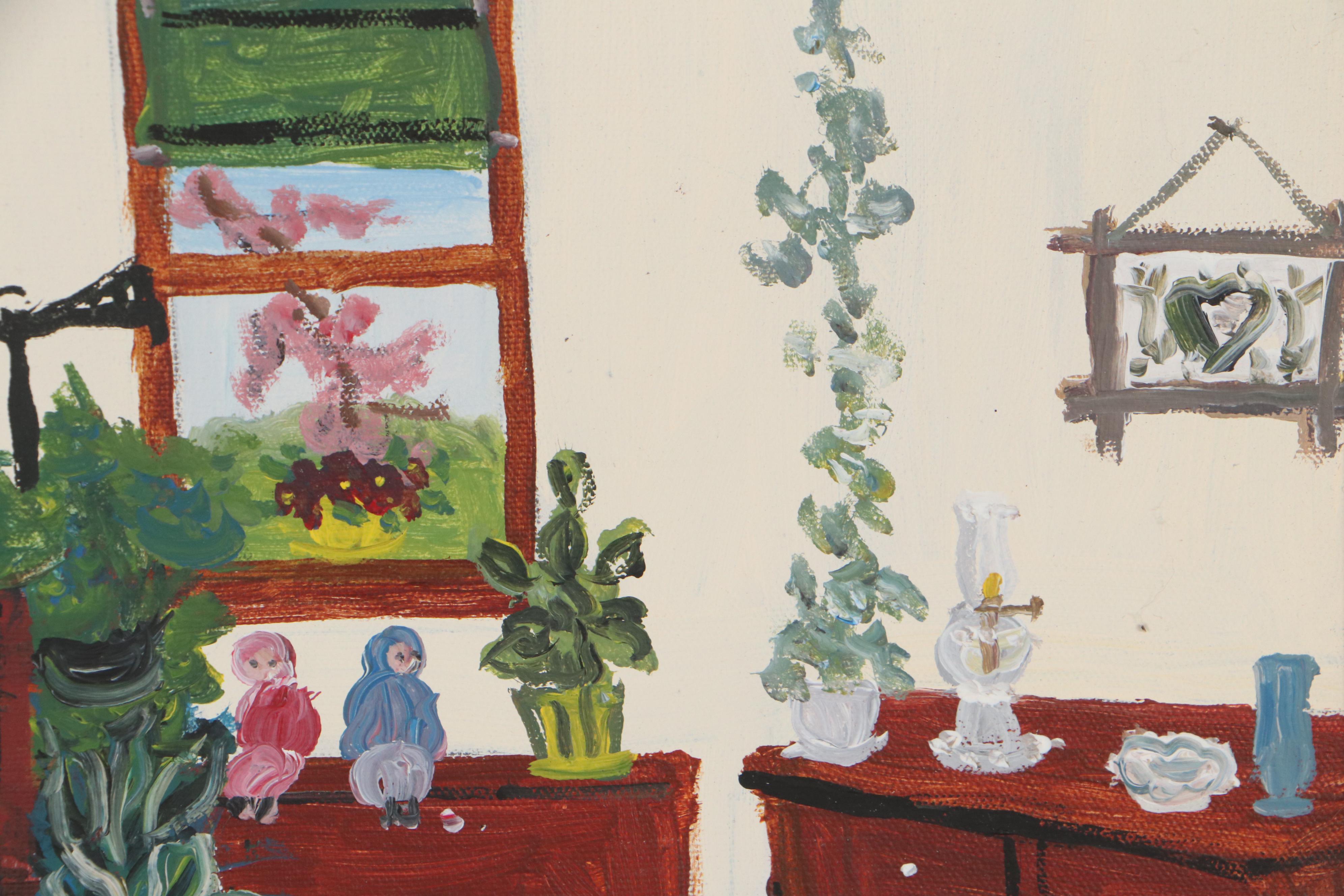 Emma Schrock Folk Art Oil Painting "Sleeping at Grandma's," 1985