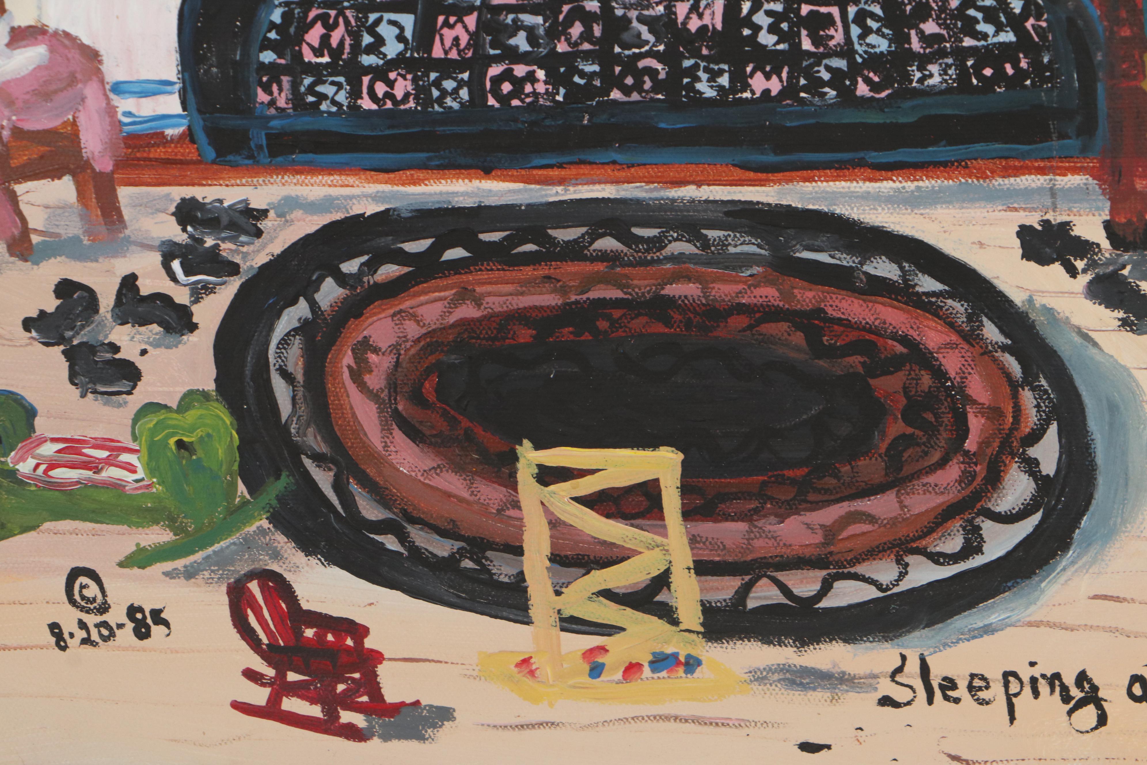 Emma Schrock Folk Art Oil Painting "Sleeping at Grandma's," 1985