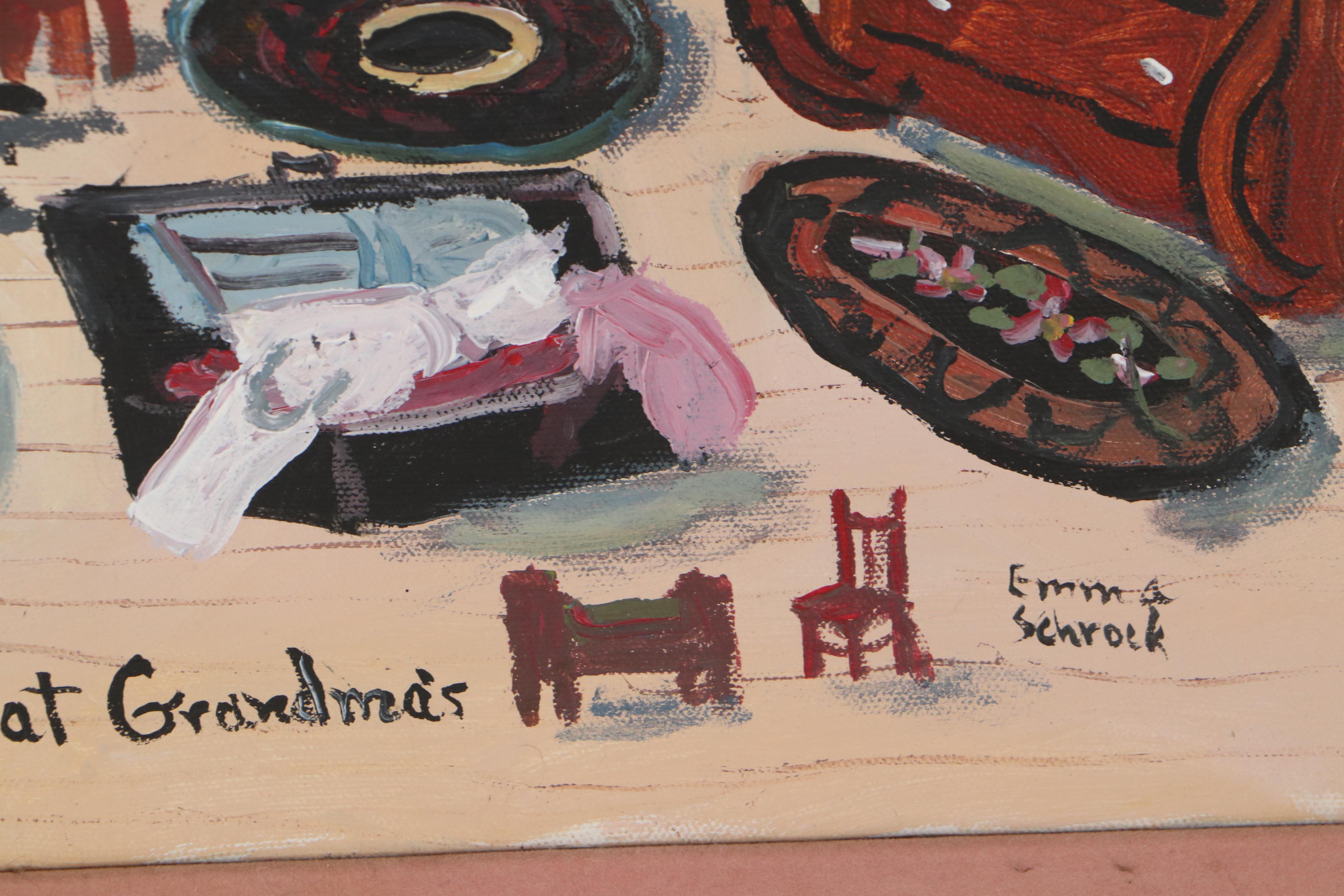 Emma Schrock Folk Art Oil Painting "Sleeping at Grandma's," 1985
