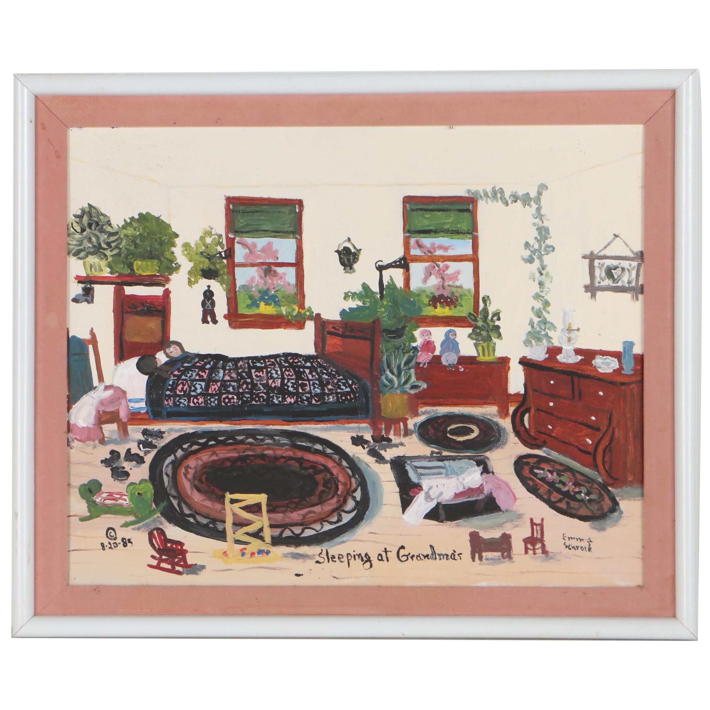 Emma Schrock Folk Art Oil Painting "Sleeping at Grandma's," 1985