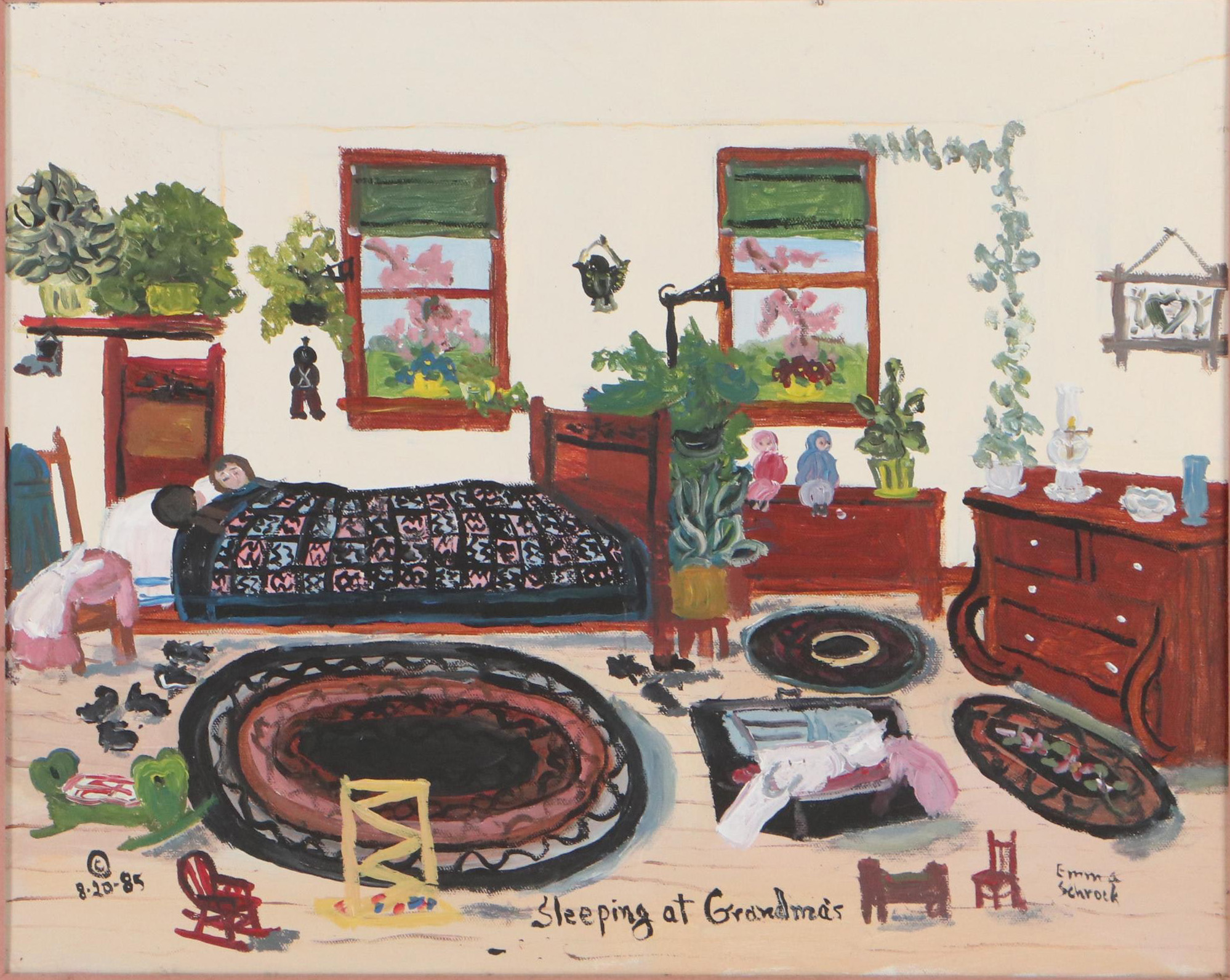 Emma Schrock Folk Art Oil Painting "Sleeping at Grandma's," 1985
