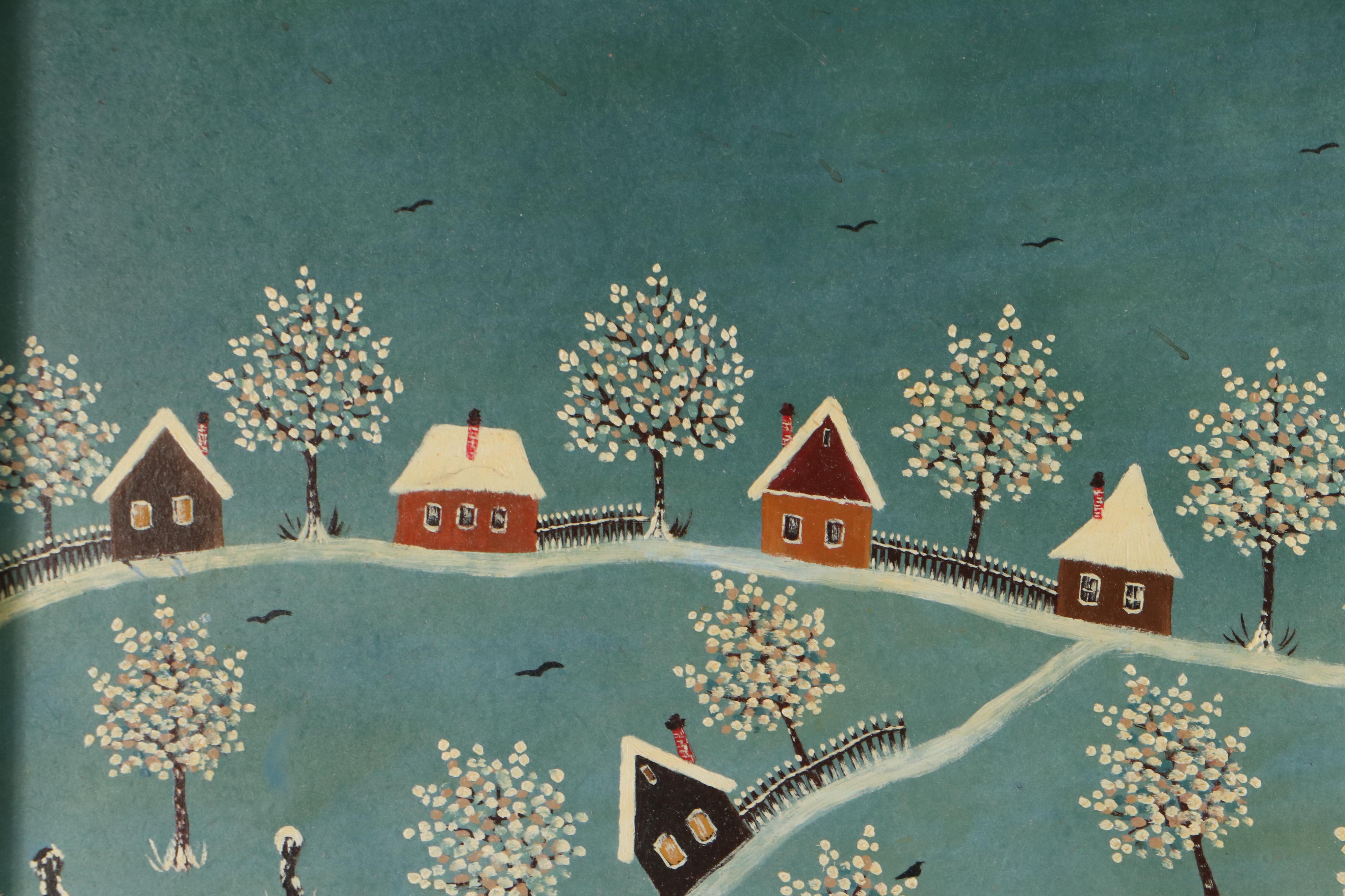 Marika S. Folk Art Winter Scene Oil Painting