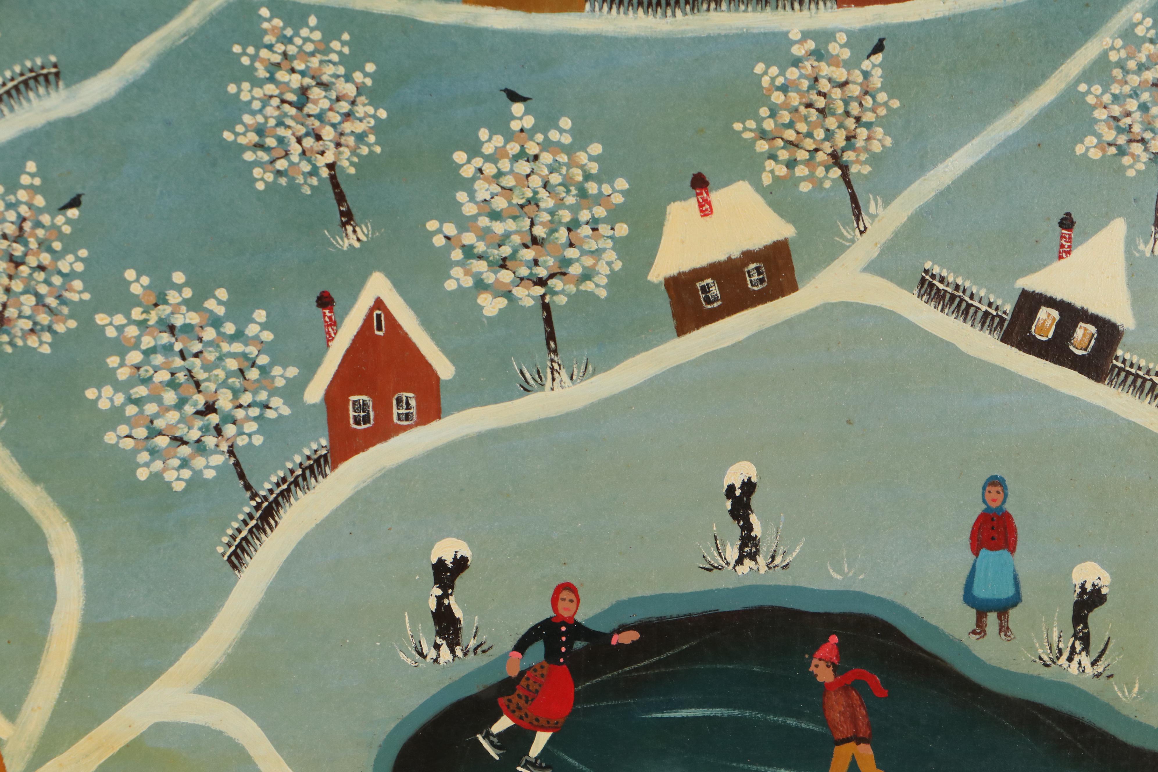 Marika S. Folk Art Winter Scene Oil Painting