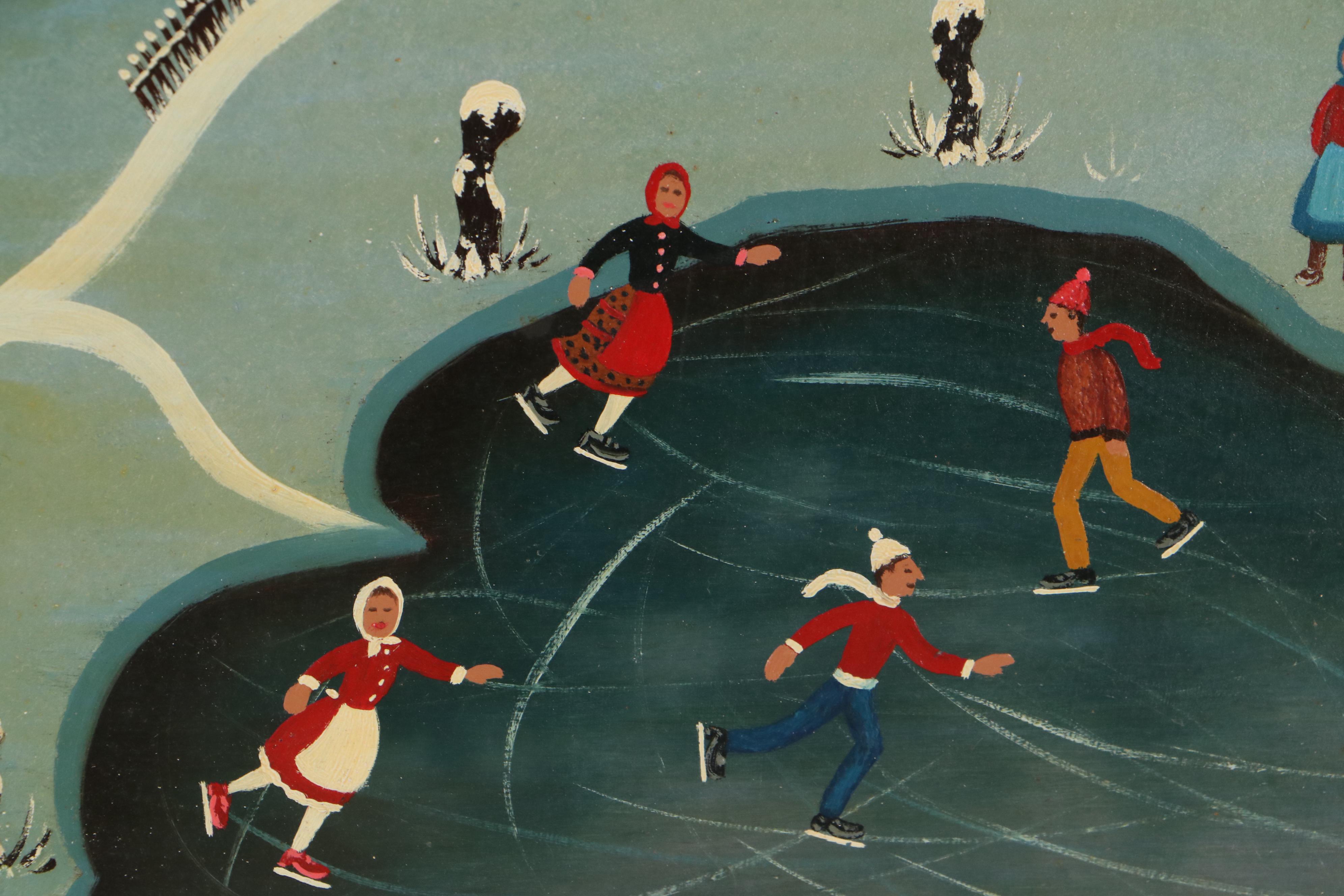 Marika S. Folk Art Winter Scene Oil Painting