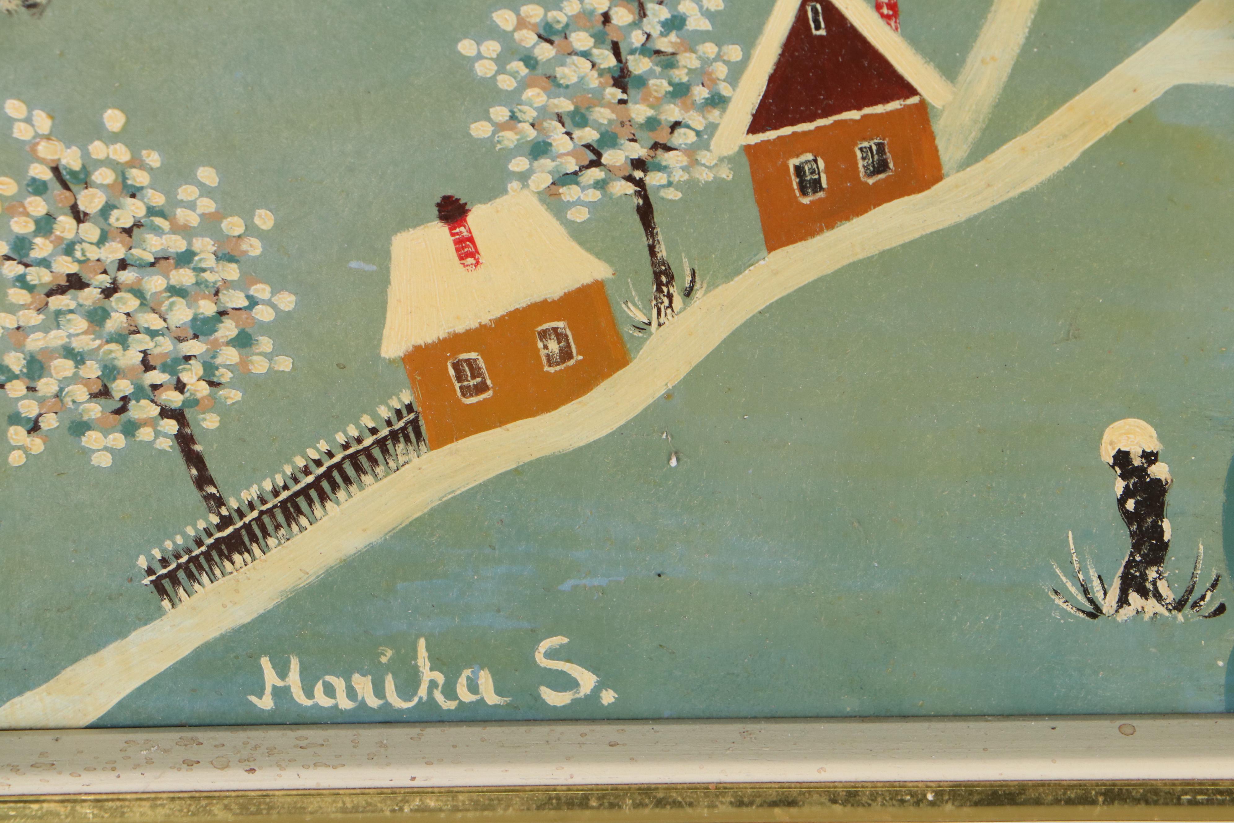 Marika S. Folk Art Winter Scene Oil Painting