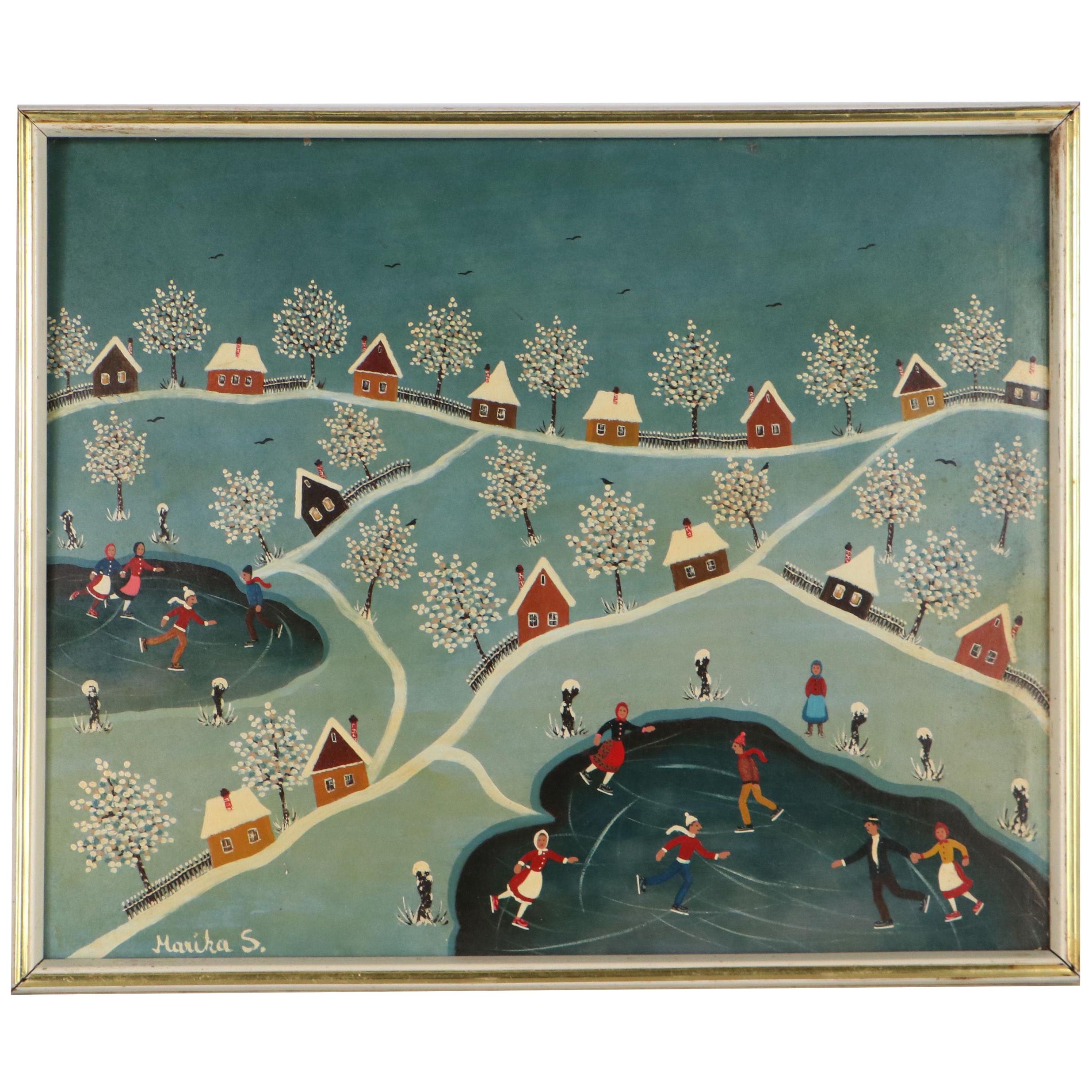 Marika S. Folk Art Winter Scene Oil Painting