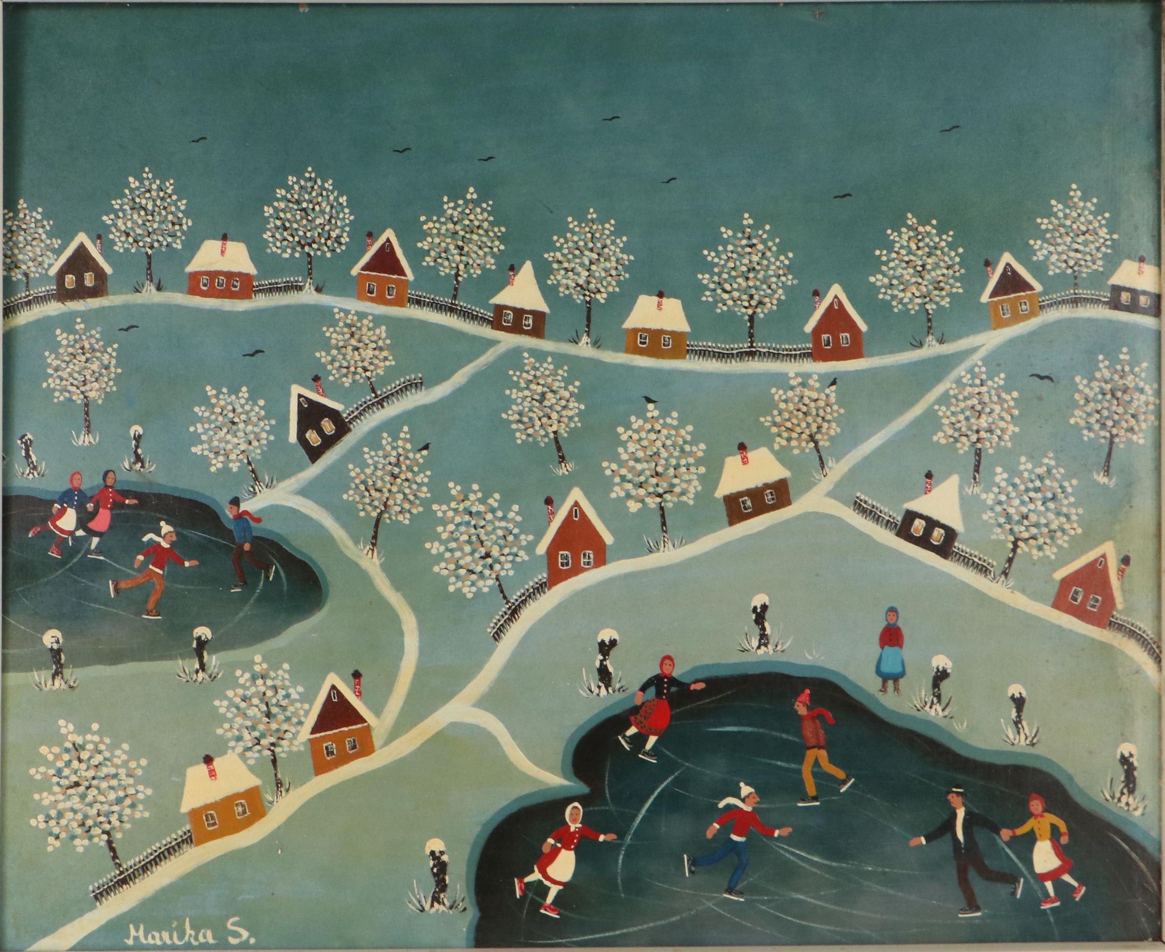 Marika S. Folk Art Winter Scene Oil Painting
