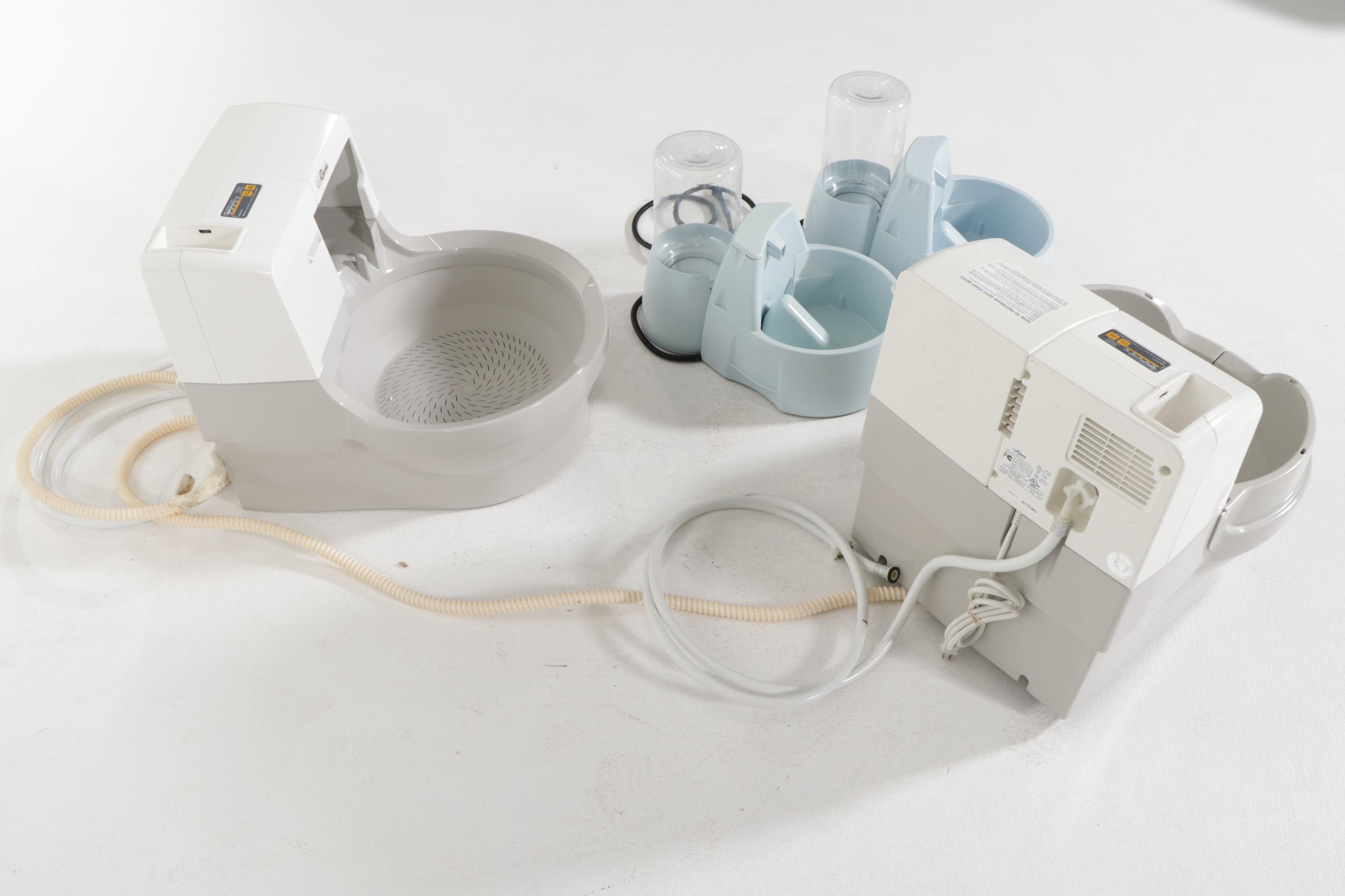 Two Cat Genie Litter Boxes with Dinkwell "Big Dog" Water Fountains