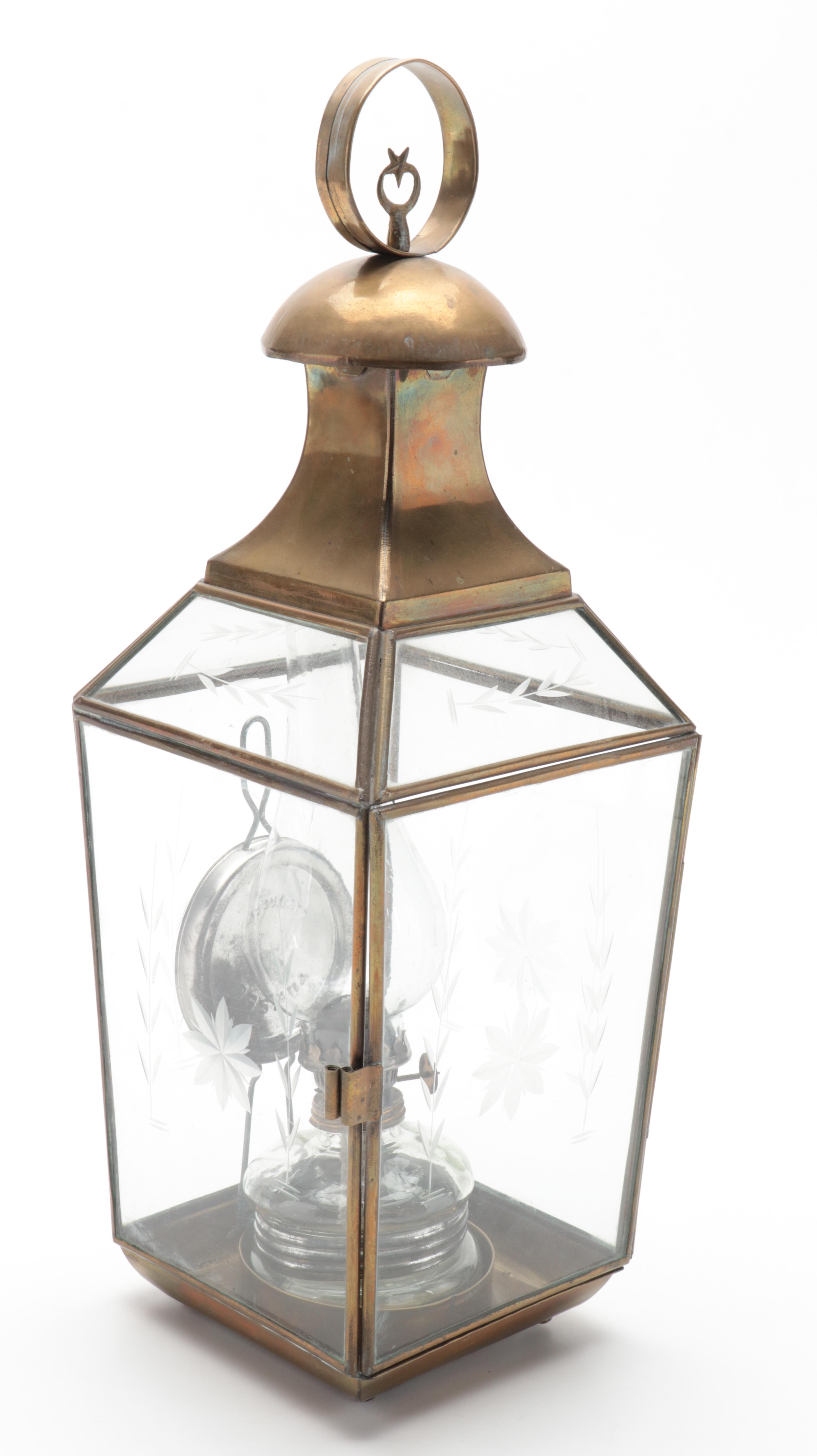 Yüksel Turkish Glass Oil Lamps with Brass and Etched Glass Lanterns