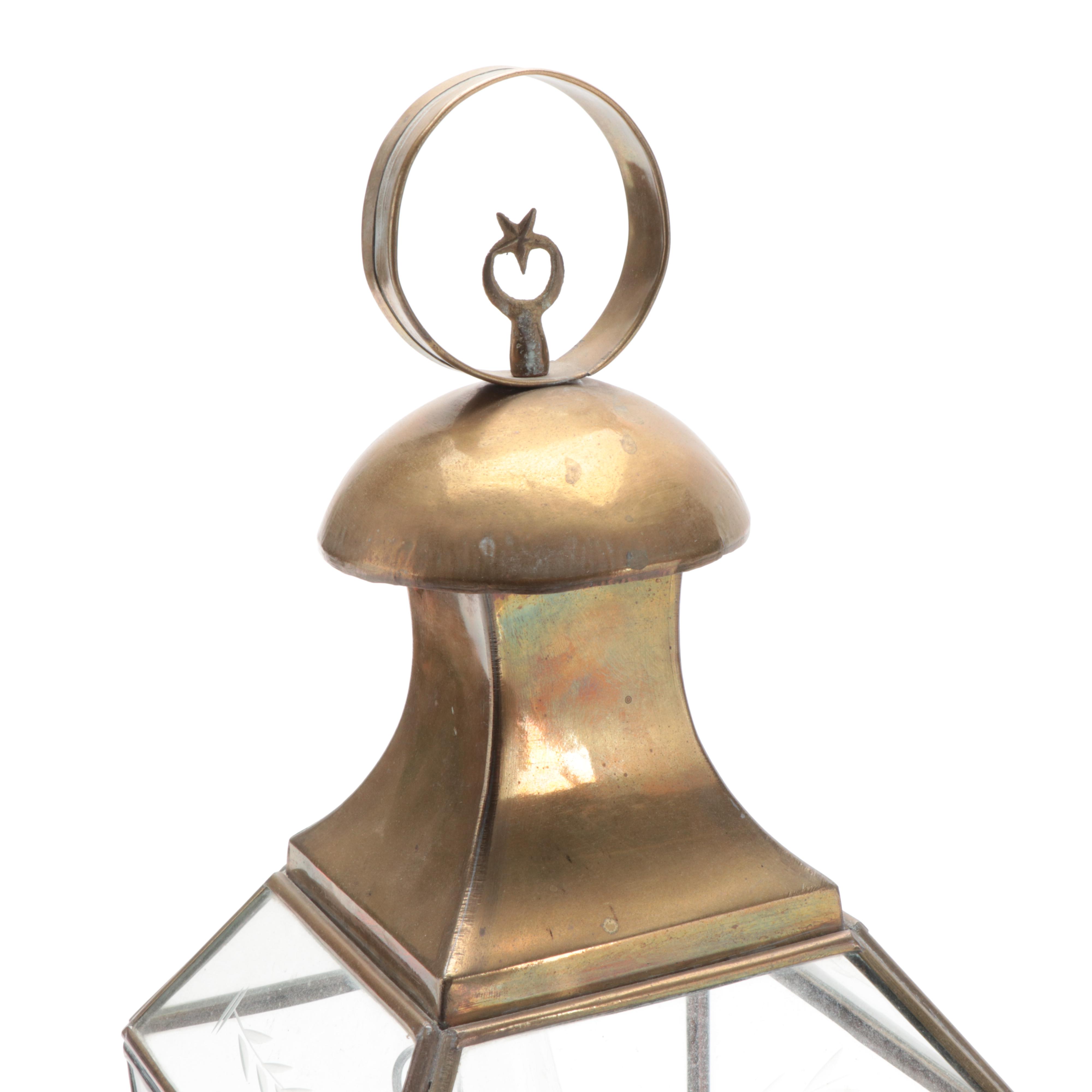 Yüksel Turkish Glass Oil Lamps with Brass and Etched Glass Lanterns