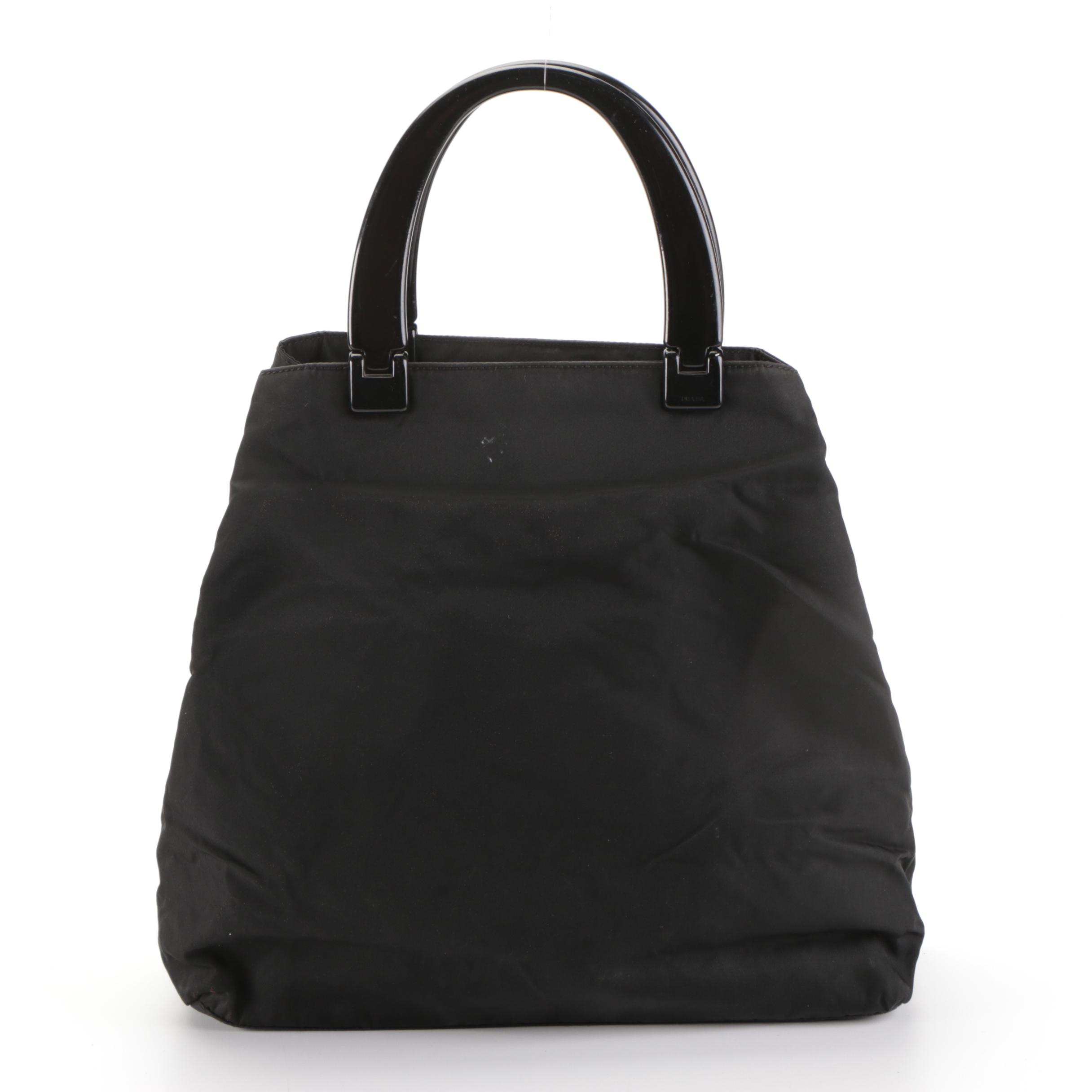 Prada Handbag in Black Nylon Tessuto with Black Composite Hinged Handles