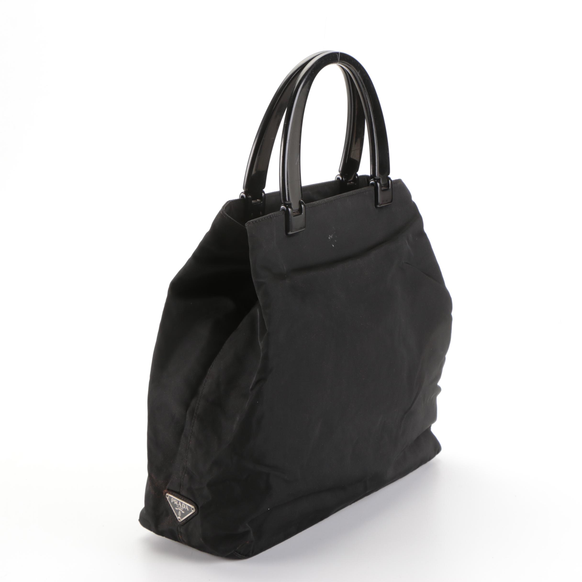 Prada Handbag in Black Nylon Tessuto with Black Composite Hinged Handles