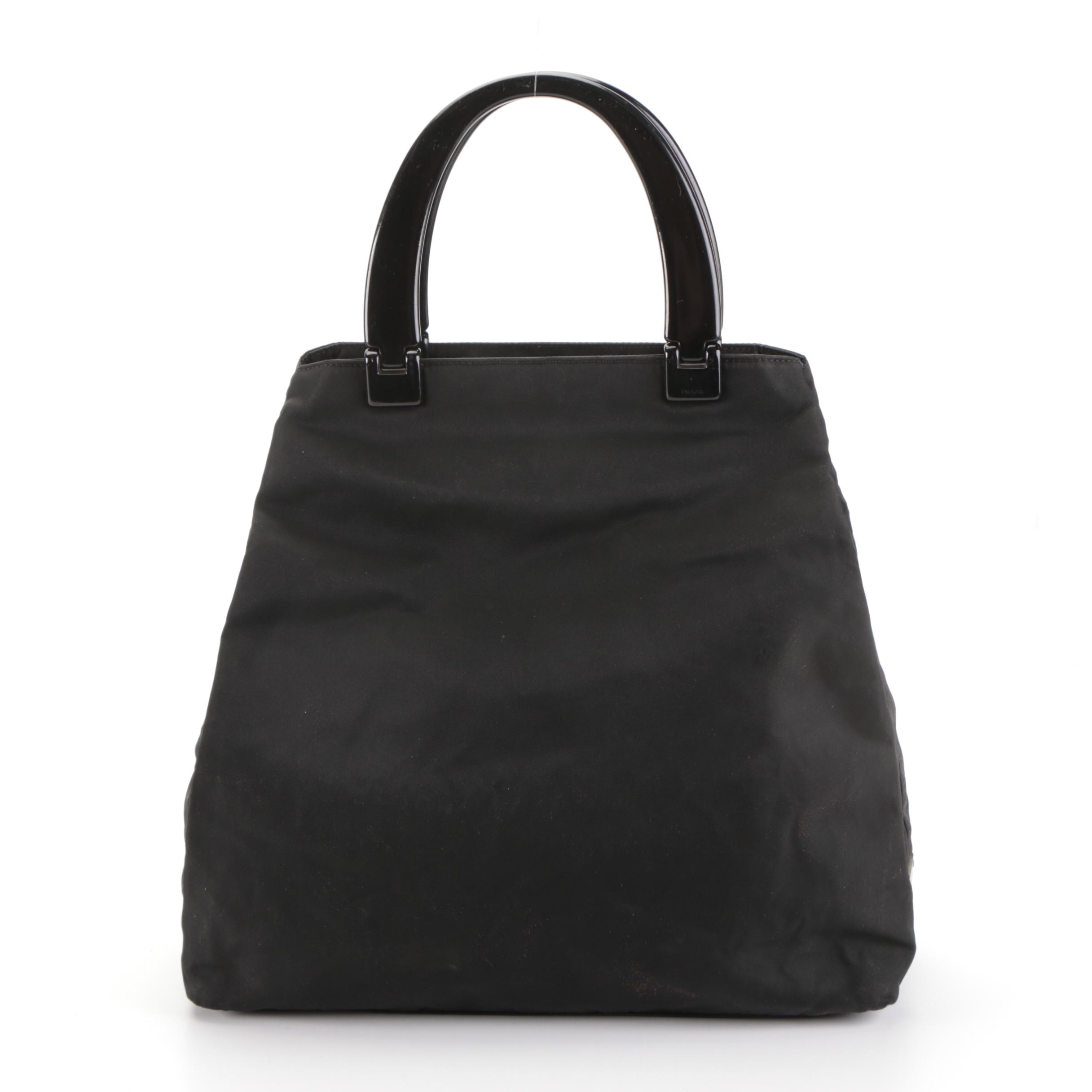 Prada Handbag in Black Nylon Tessuto with Black Composite Hinged Handles