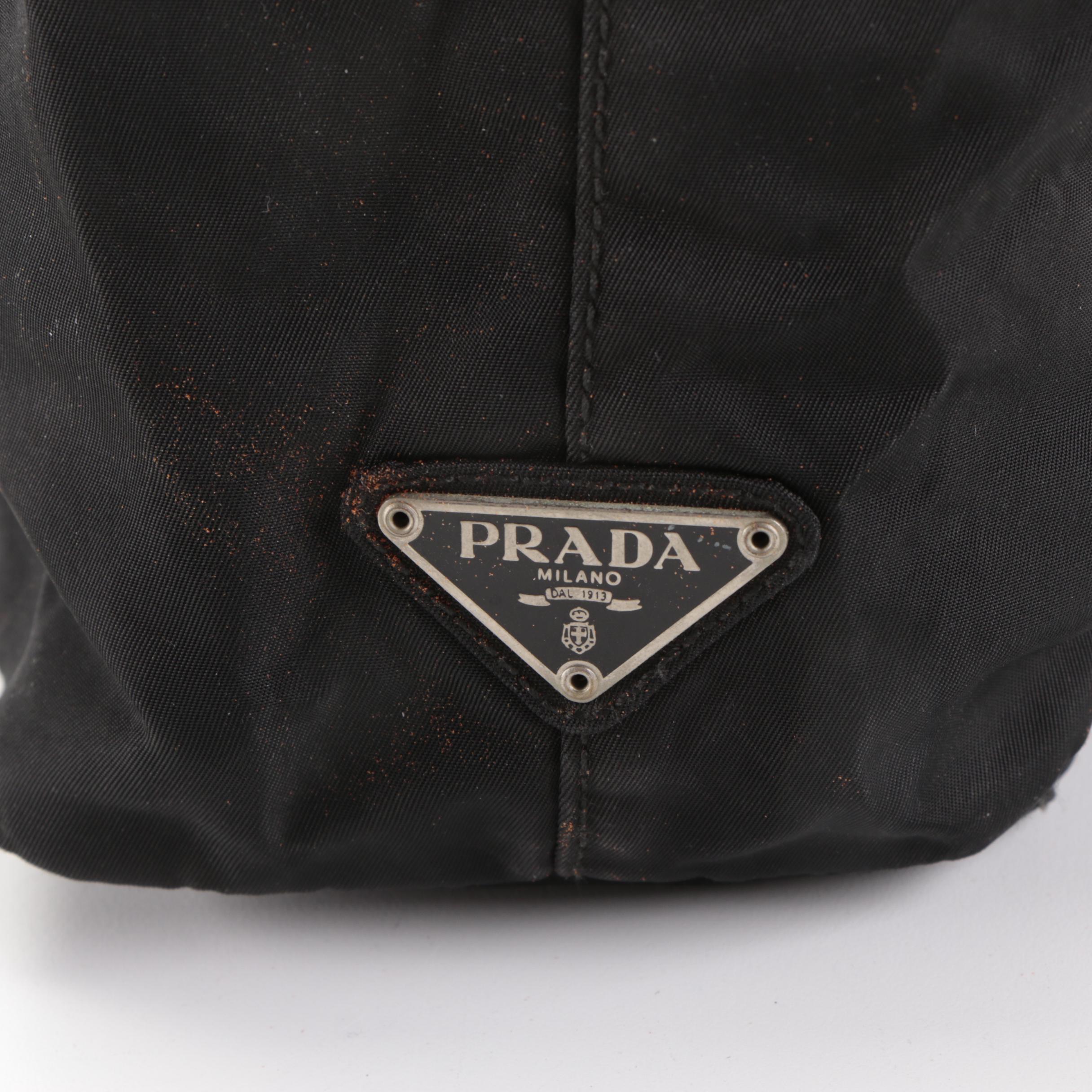 Prada Handbag in Black Nylon Tessuto with Black Composite Hinged Handles