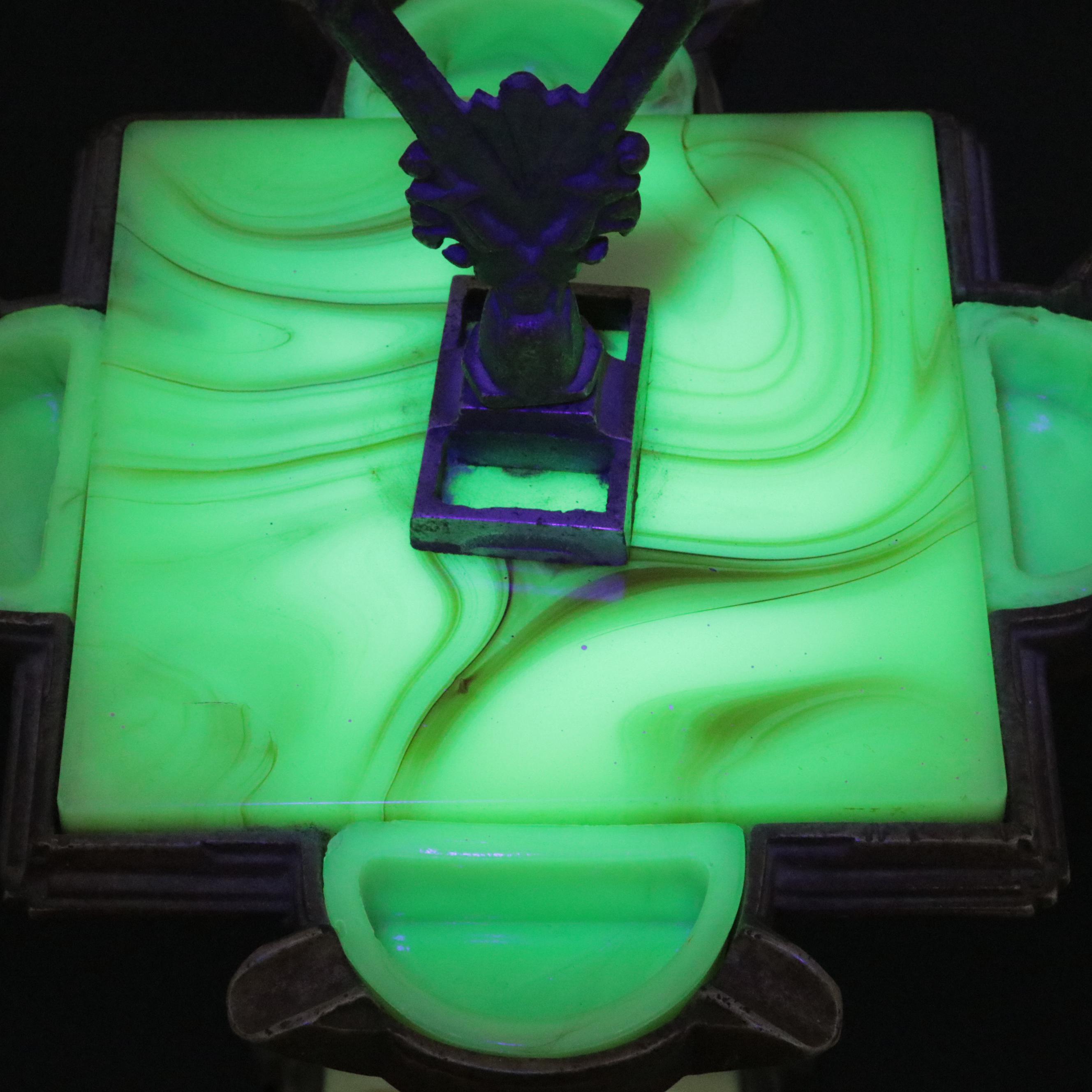 Art Deco Cast Iron and Marbled Slag Uranium Glass Standing Ashtray