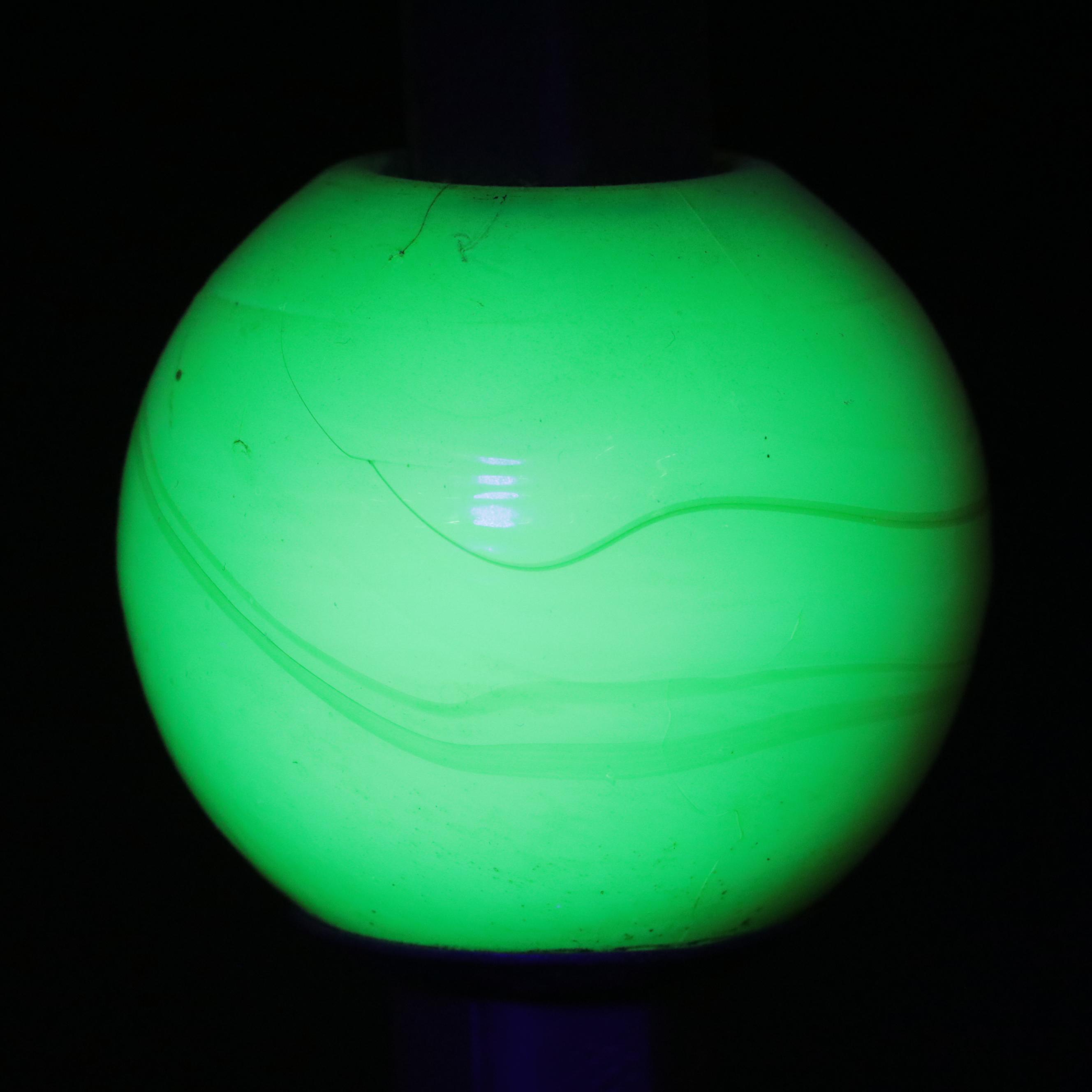 Art Deco Cast Iron and Marbled Slag Uranium Glass Standing Ashtray