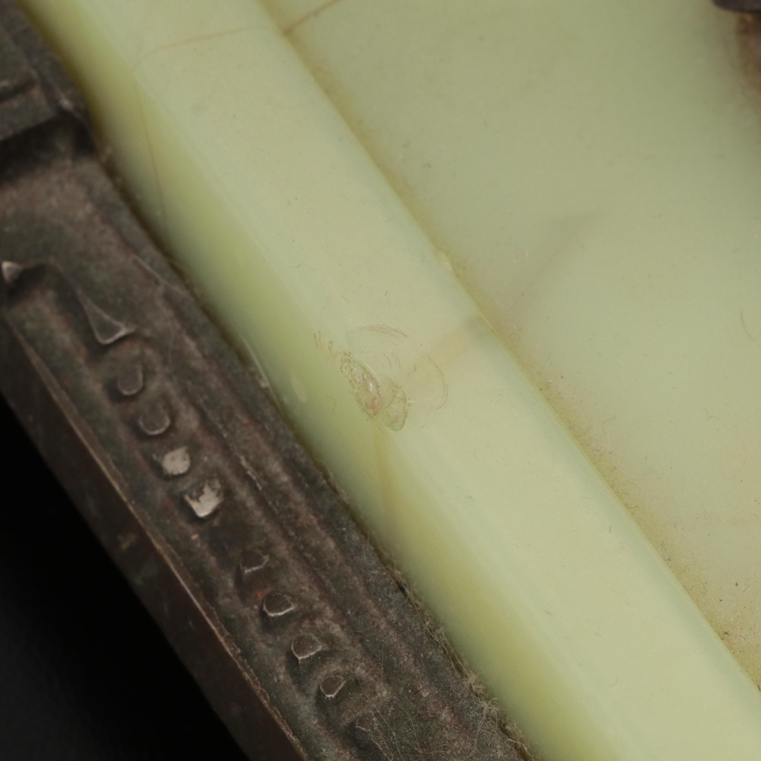 Art Deco Cast Iron and Marbled Slag Uranium Glass Standing Ashtray