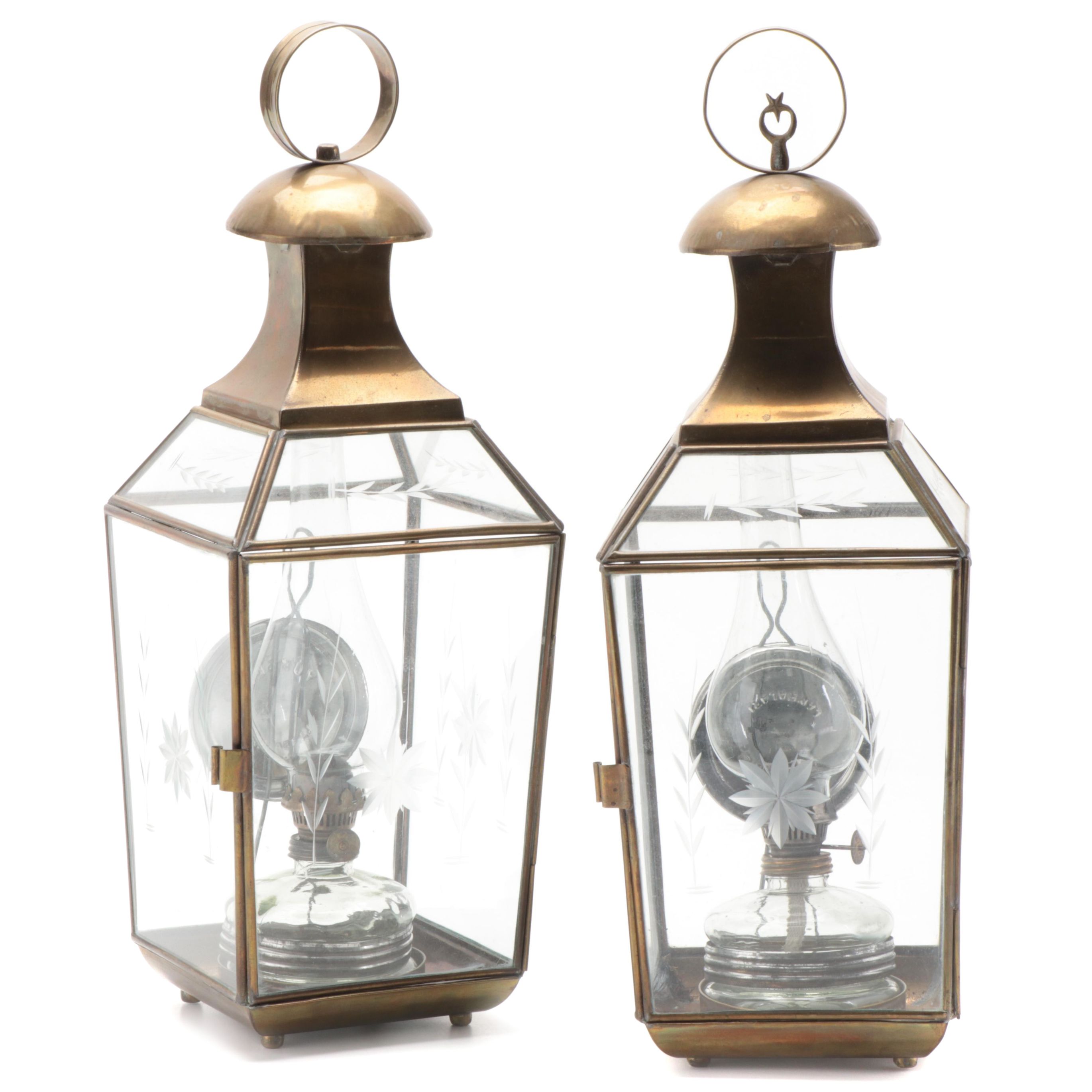 Yüksel Turkish Glass Oil Lamps with Brass and Etched Glass Lanterns