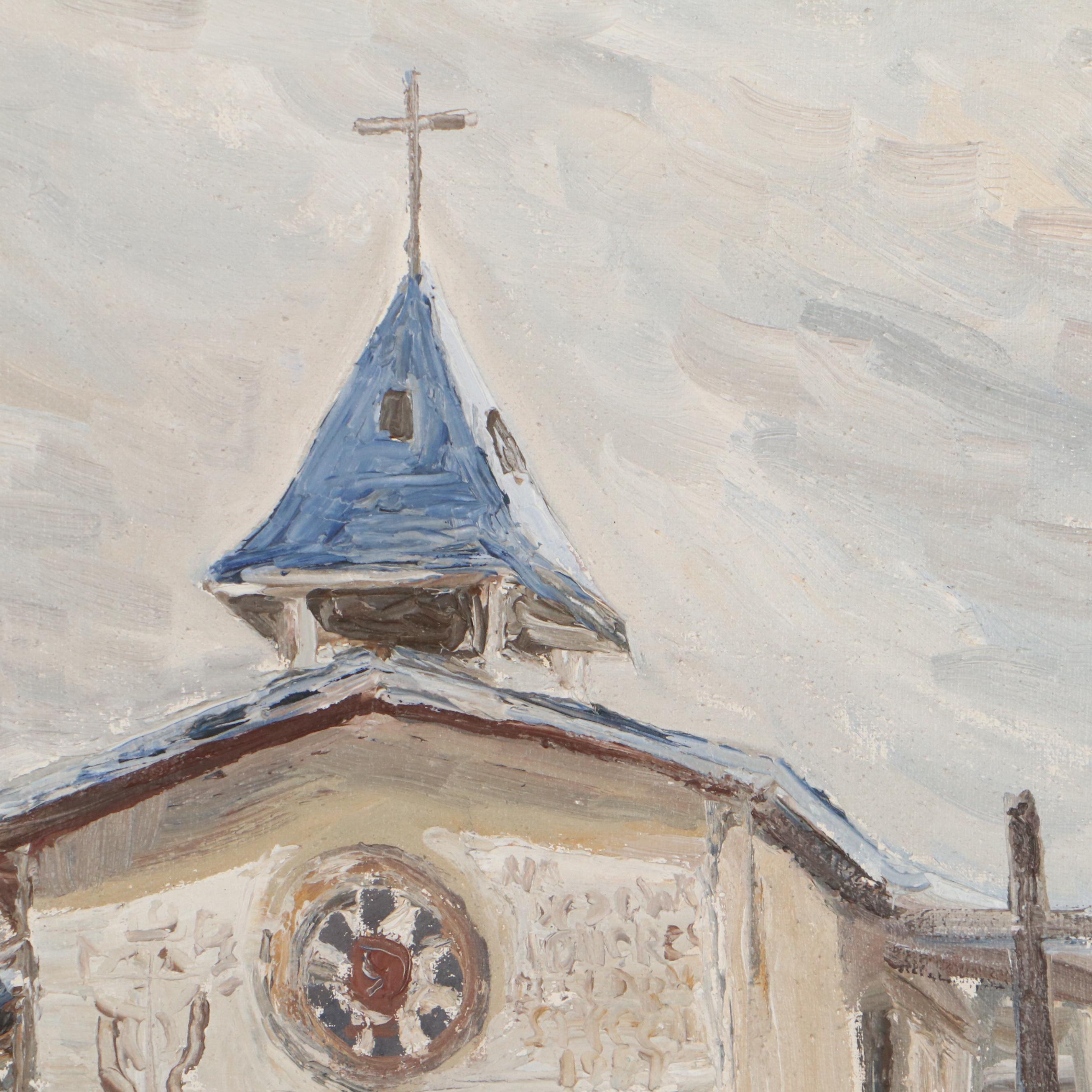 Henryk Wloch Landscape With Church Oil Painting "Kamienny Potok," 1988