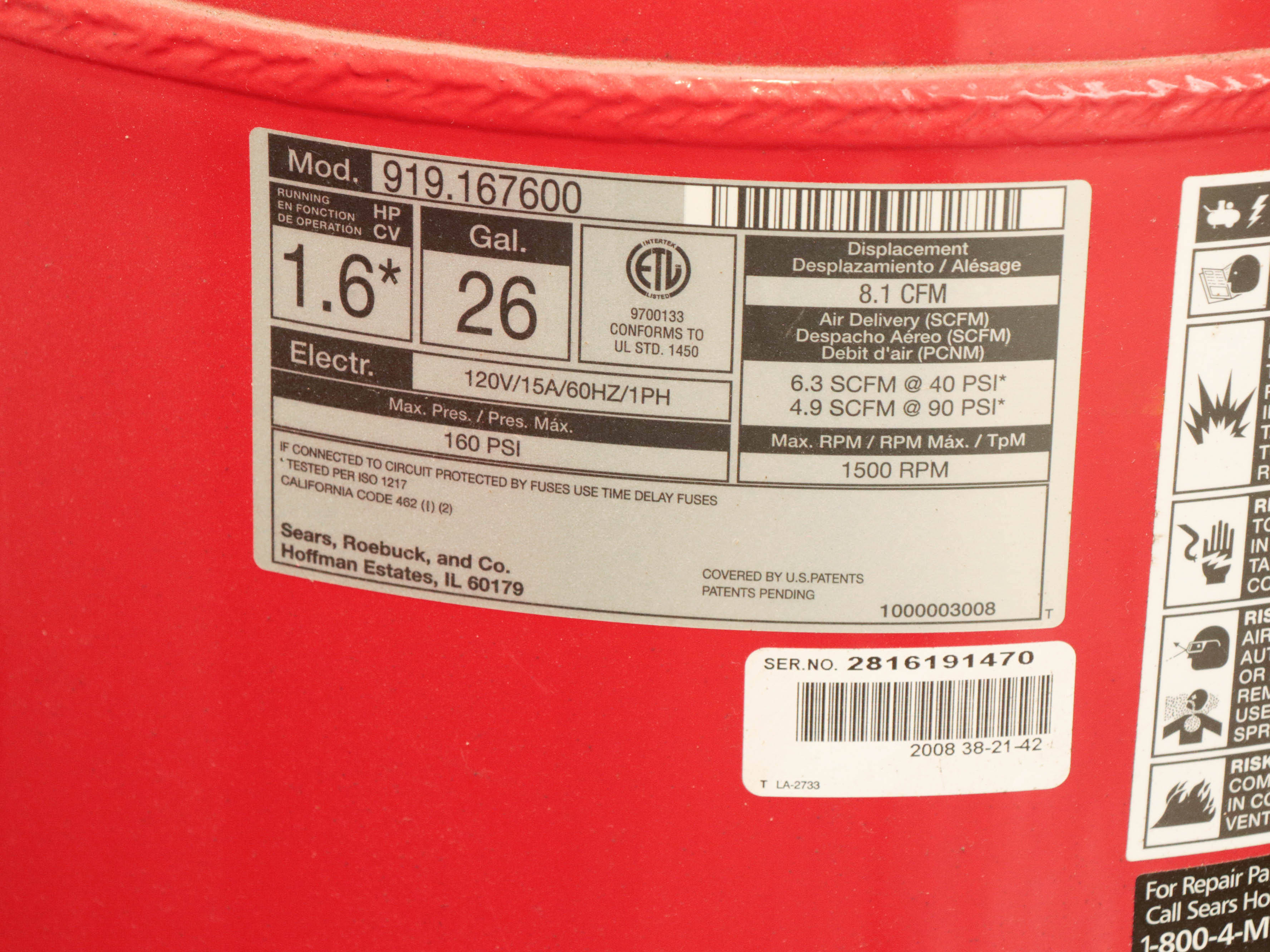 Craftsman 26 Gallon Portable 160 PSI Air Compressor