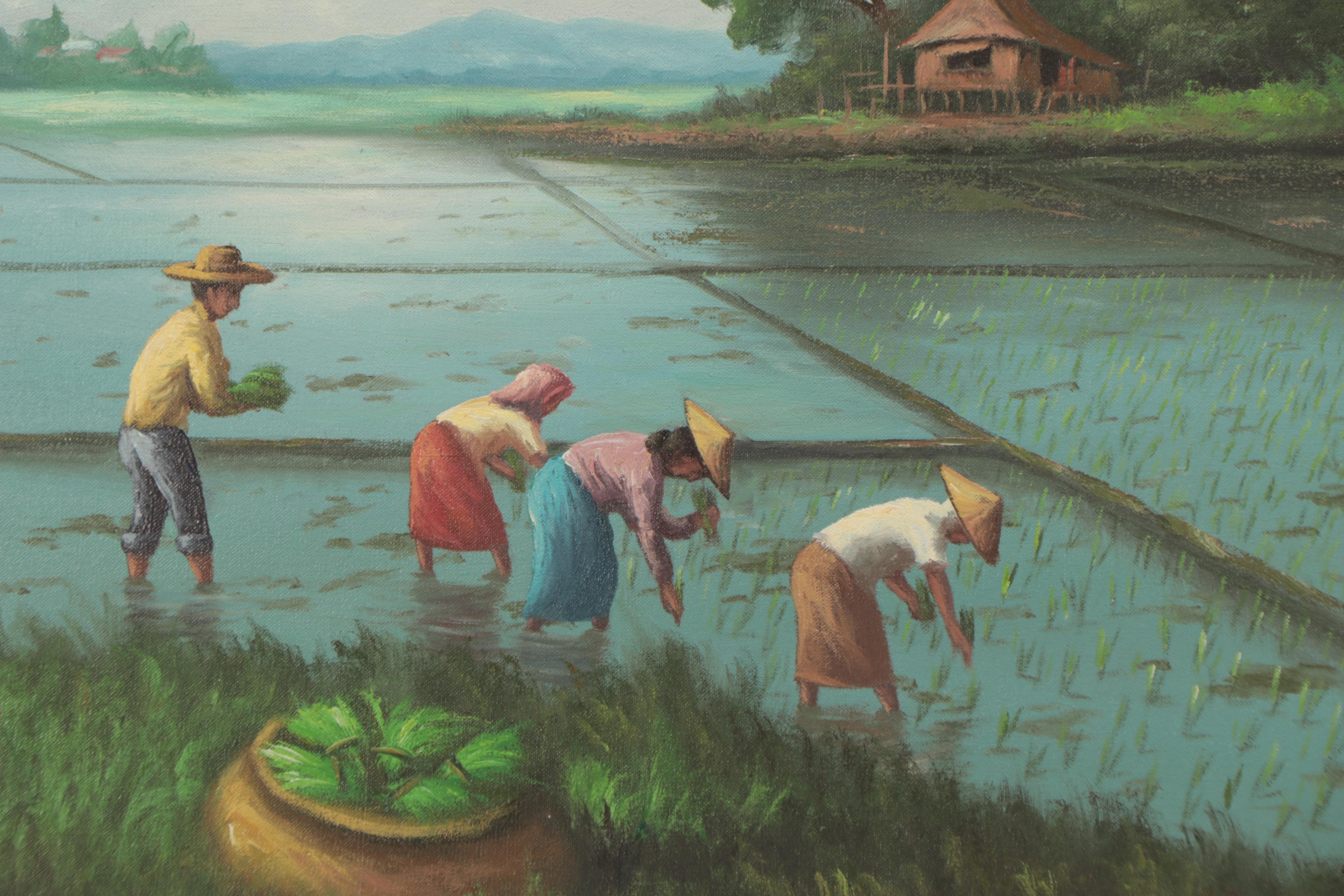 Southeast Asian Oil Painting of Rice Planting Scene