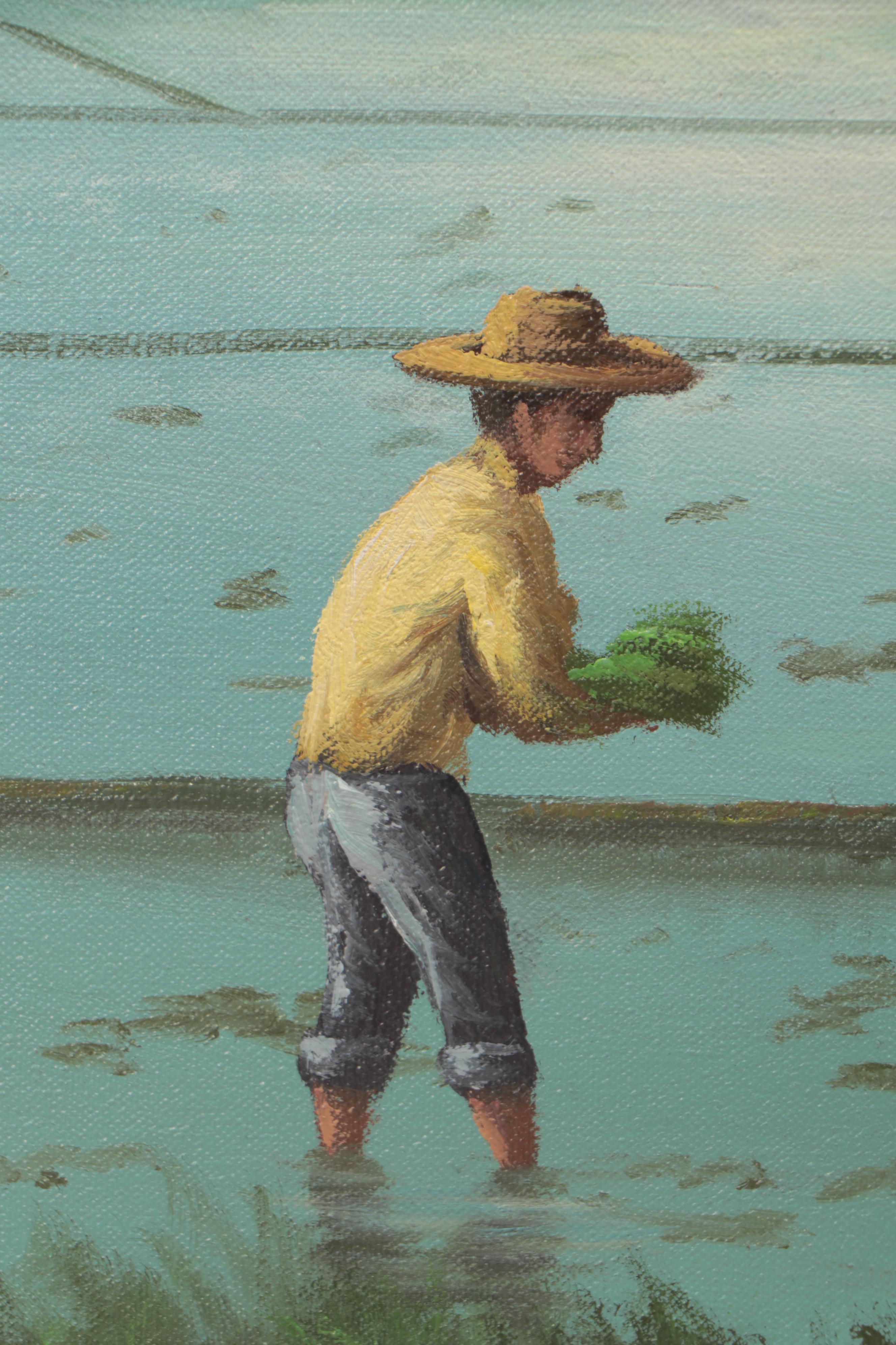 Southeast Asian Oil Painting of Rice Planting Scene