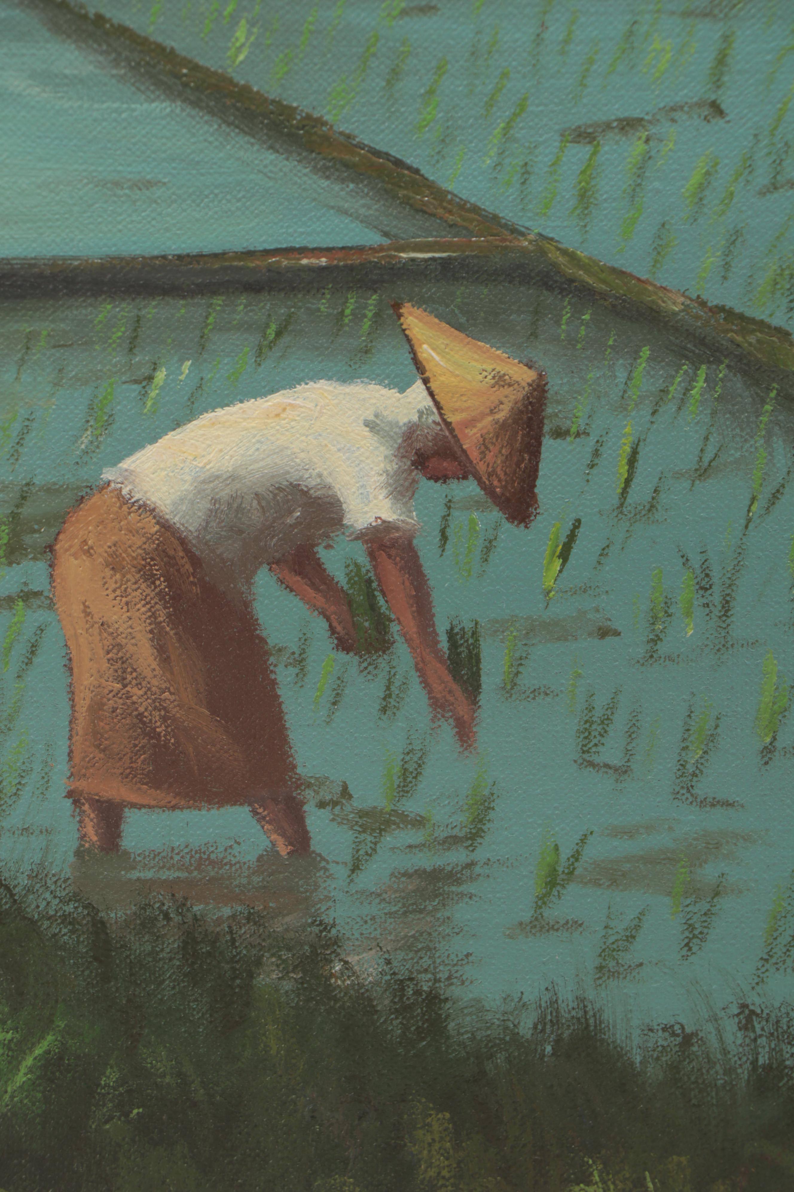 Southeast Asian Oil Painting of Rice Planting Scene
