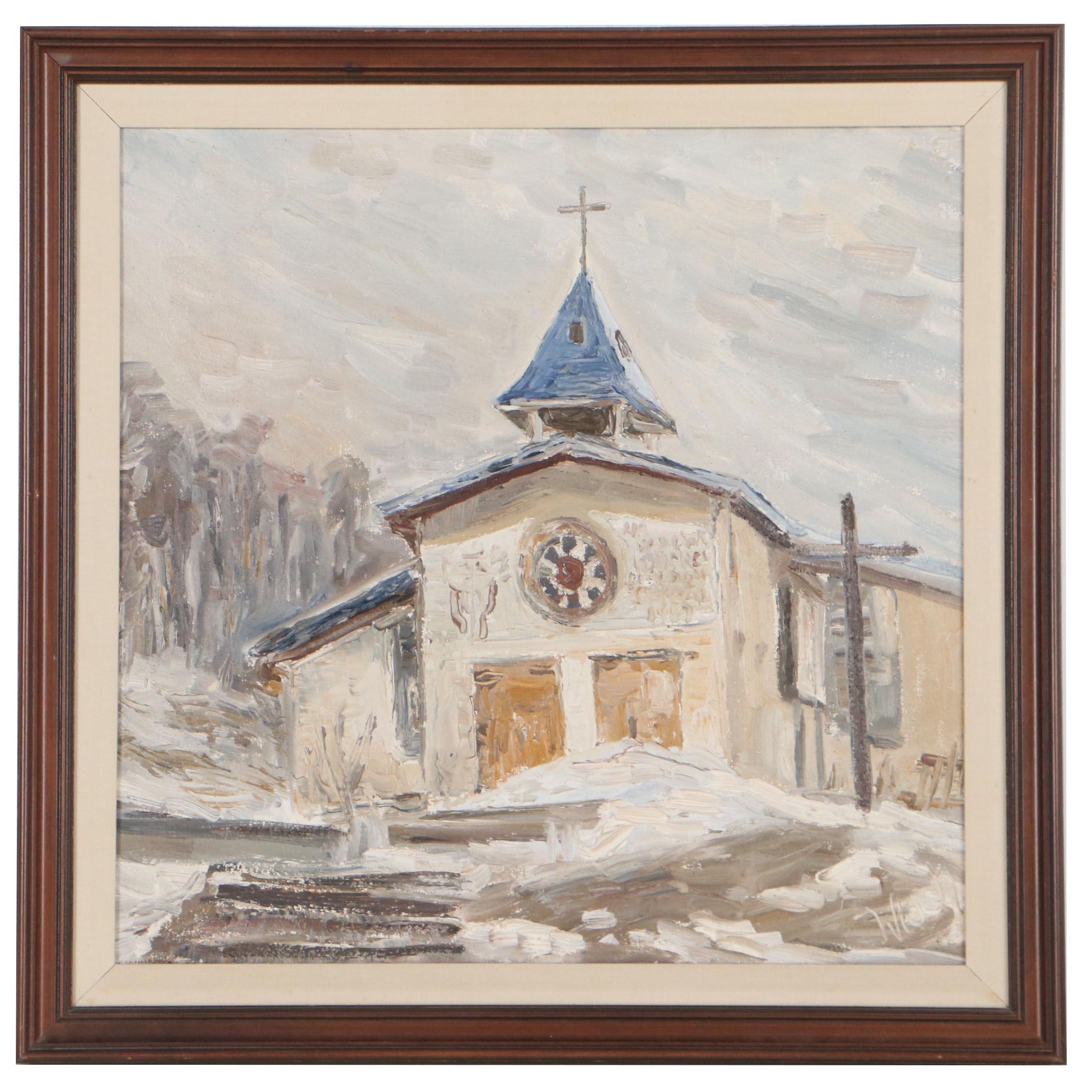 Henryk Wloch Landscape With Church Oil Painting "Kamienny Potok," 1988