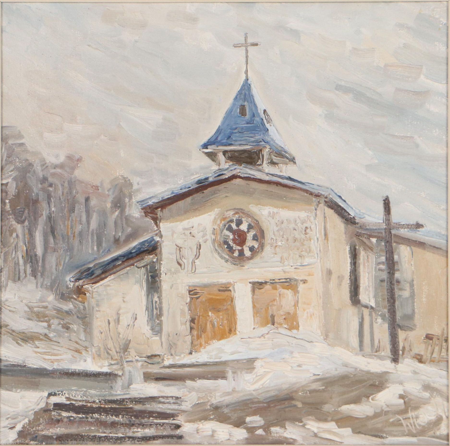 Henryk Wloch Landscape With Church Oil Painting "Kamienny Potok," 1988