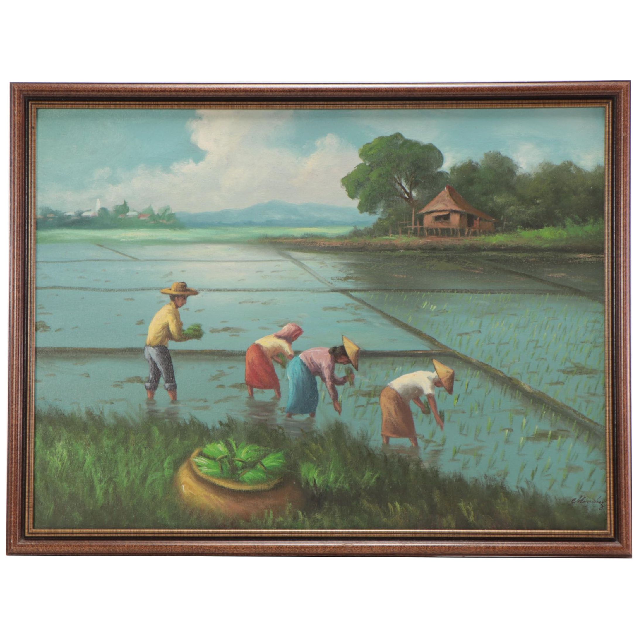 Southeast Asian Oil Painting of Rice Planting Scene