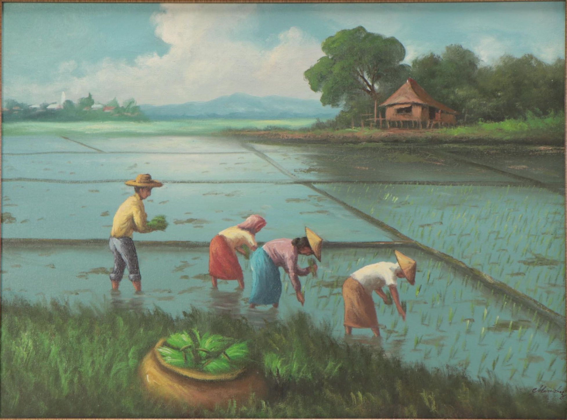 Southeast Asian Oil Painting of Rice Planting Scene