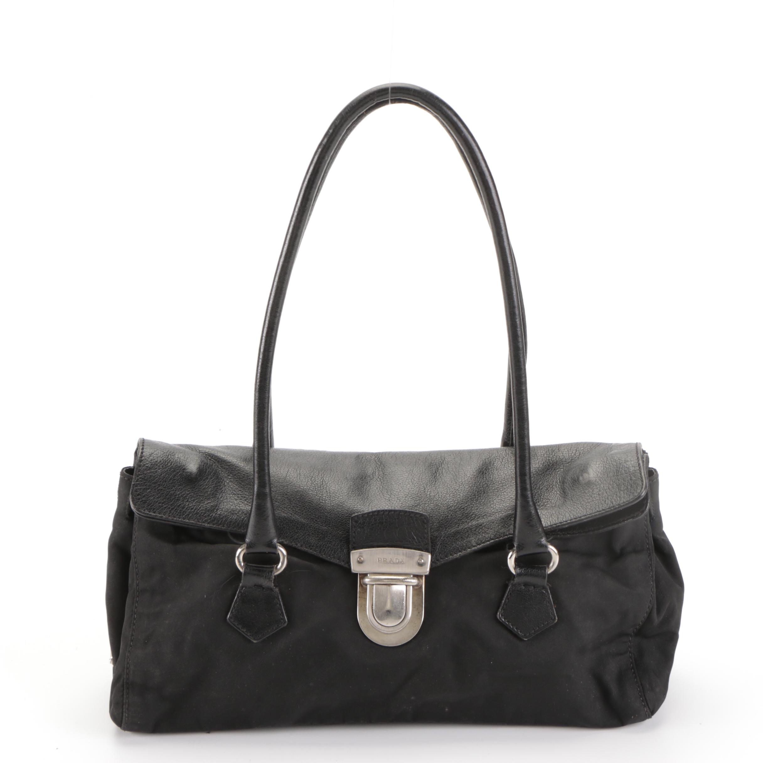 Prada Easy Tessuto Shoulder Bag in Black Nylon and Calfskin Trim