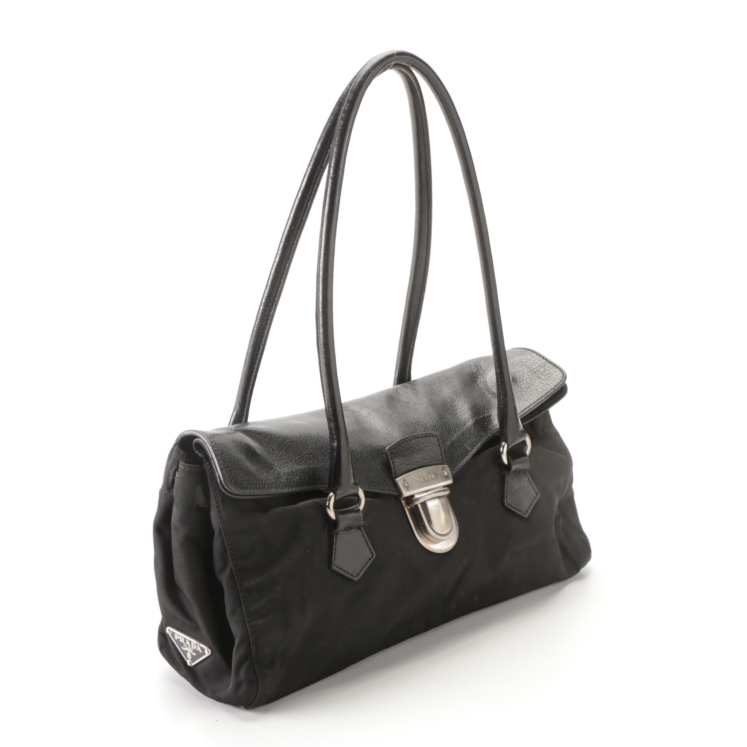 Prada Easy Tessuto Shoulder Bag in Black Nylon and Calfskin Trim