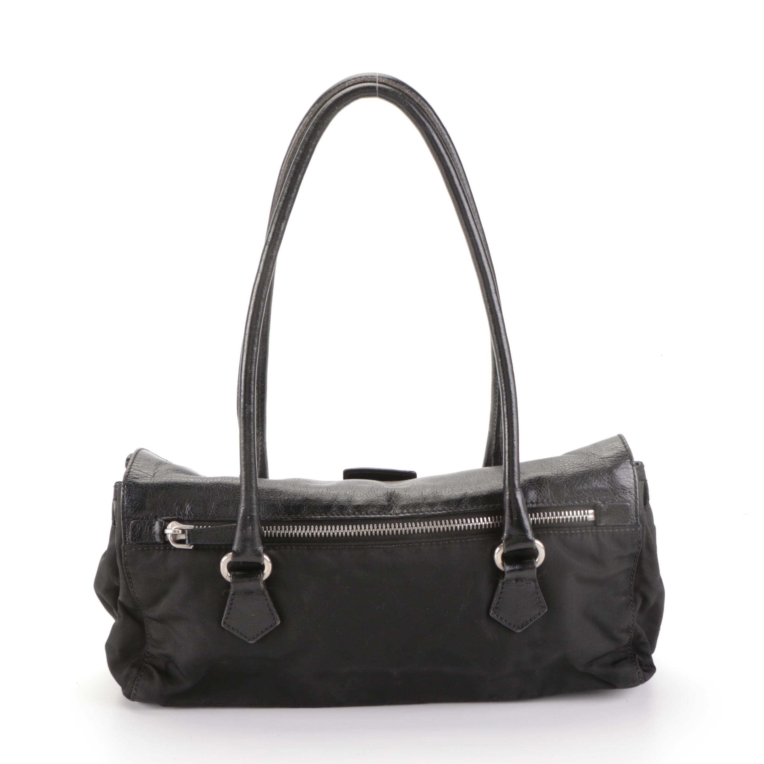 Prada Easy Tessuto Shoulder Bag in Black Nylon and Calfskin Trim