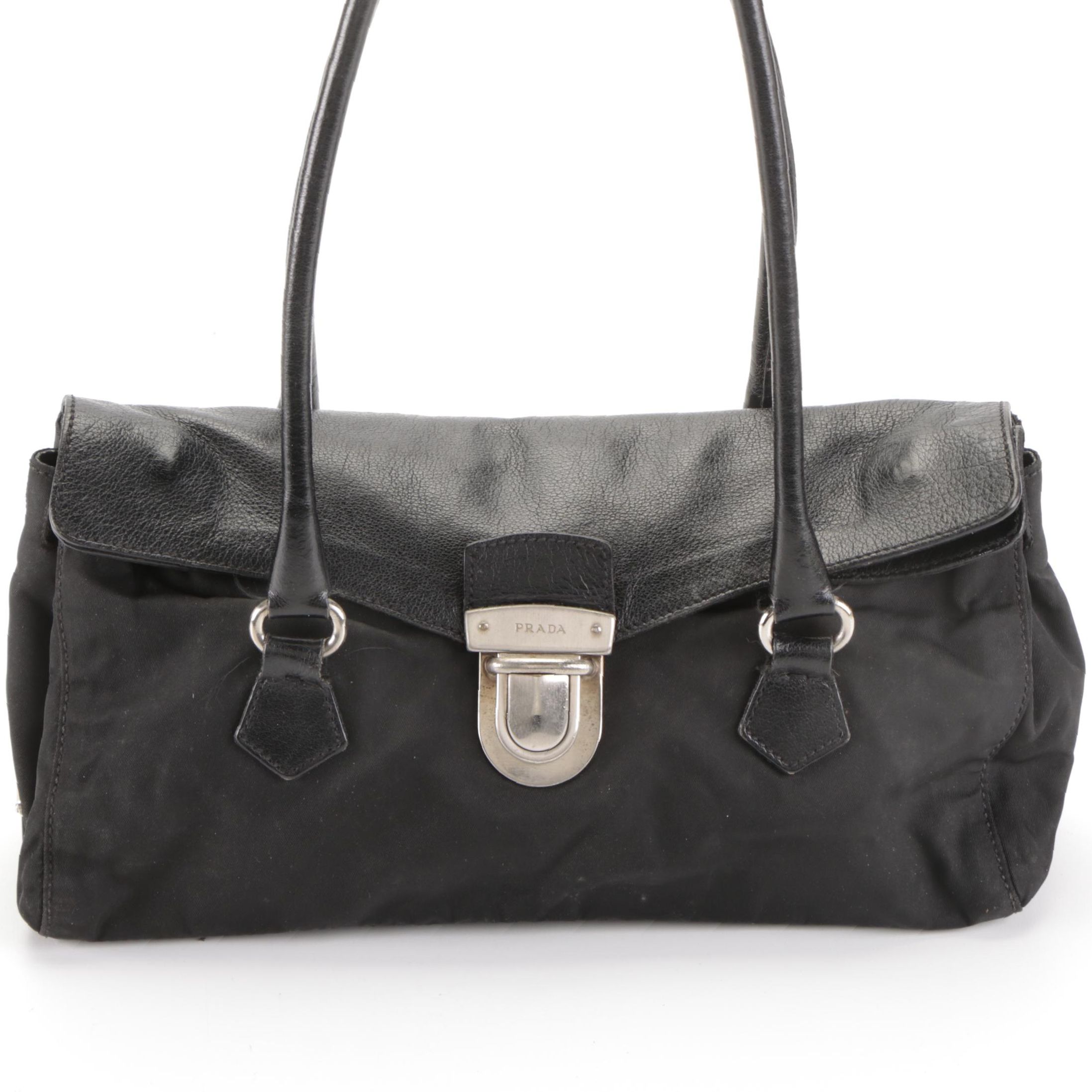 Prada Easy Tessuto Shoulder Bag in Black Nylon and Calfskin Trim