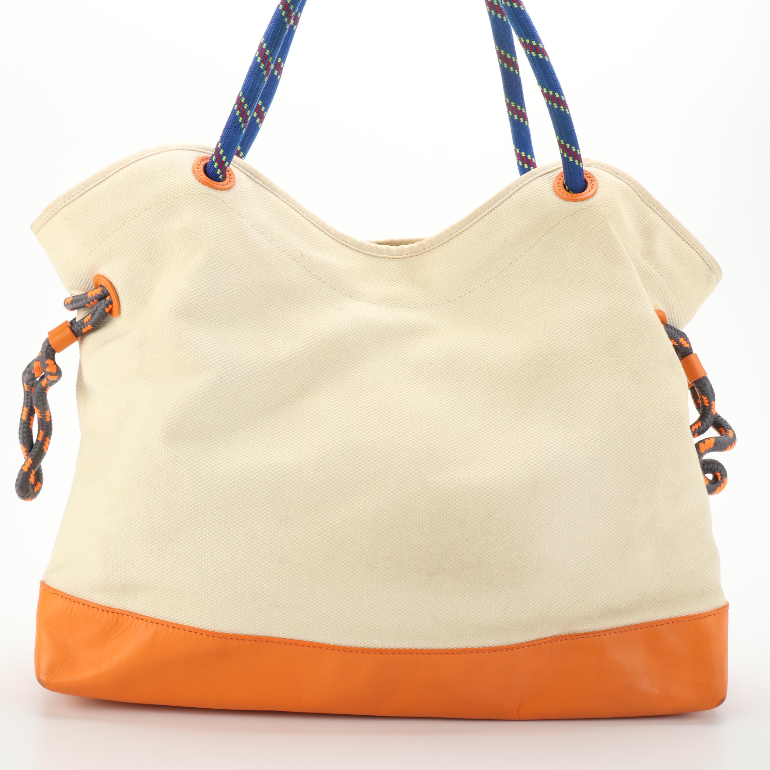 Tory Burch Logo Canvas and Leather Tote Bag