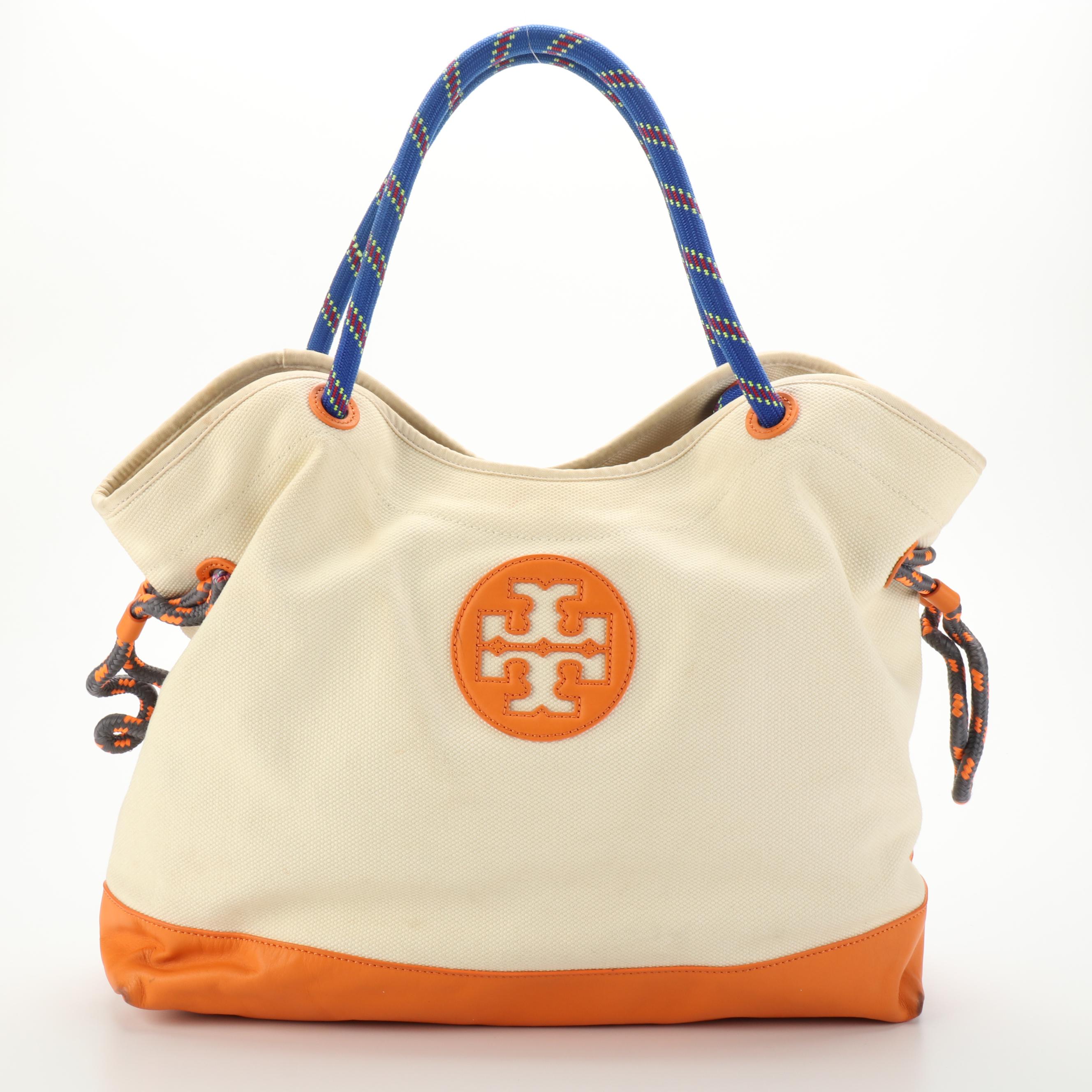 Tory Burch Logo Canvas and Leather Tote Bag