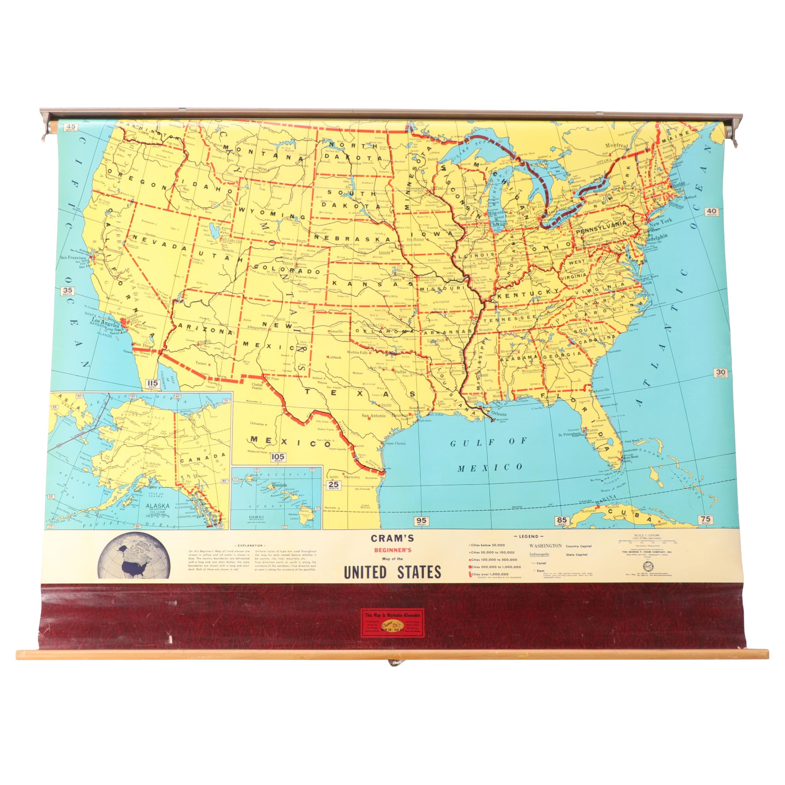 "Cram's  Beginners Map of the United States" Wall Mount Classroom Map