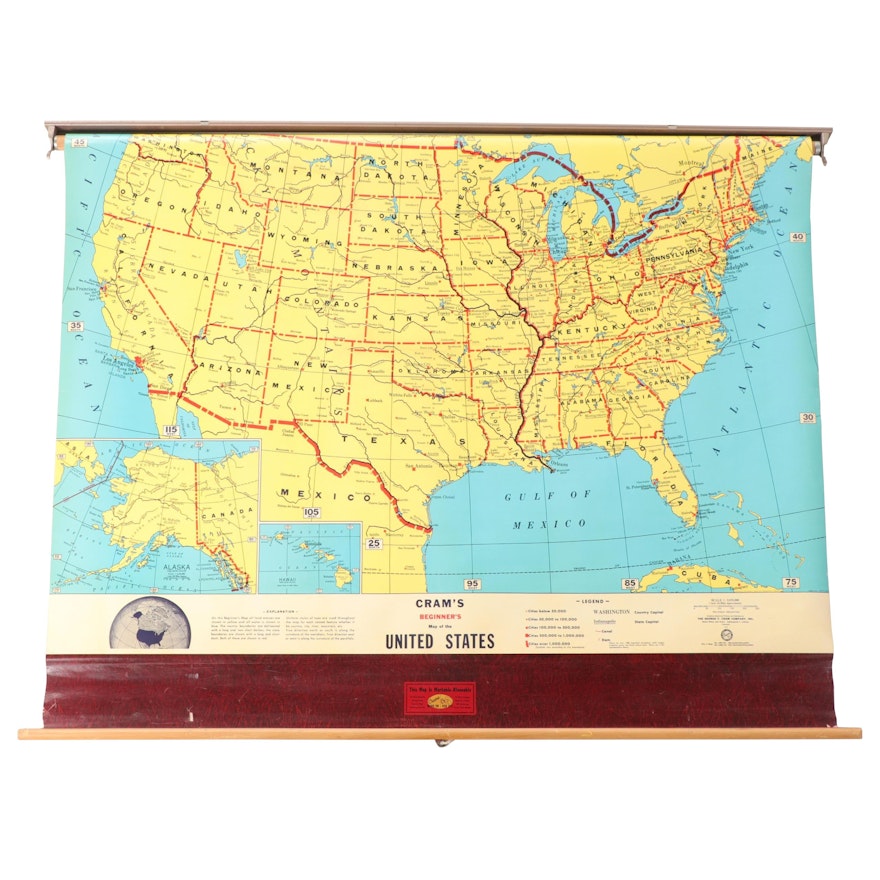 "Cram's  Beginners Map of the United States" Wall Mount Classroom Map