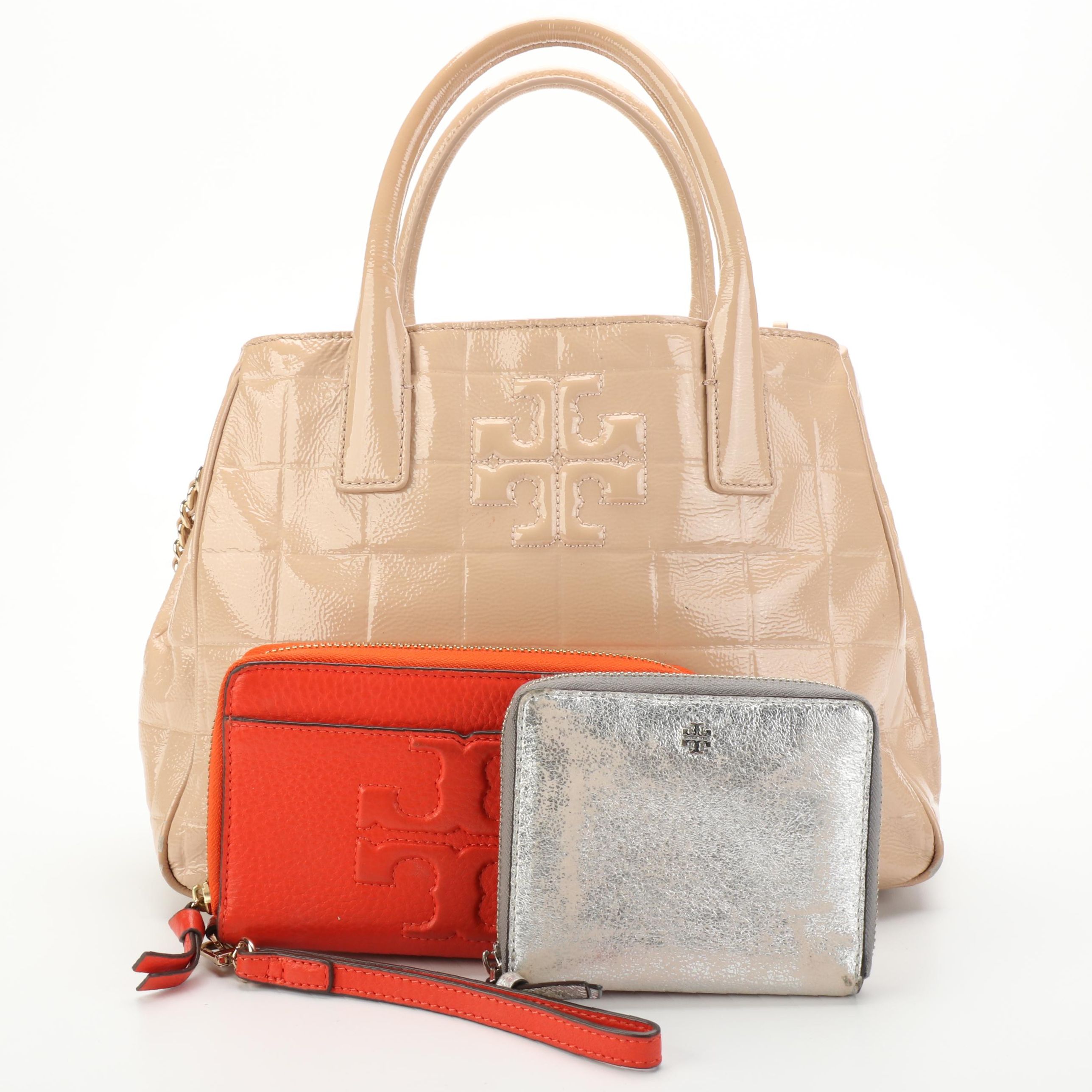Tory Burch Patent Leather Tote with Metallic and Grained Leather Wallets