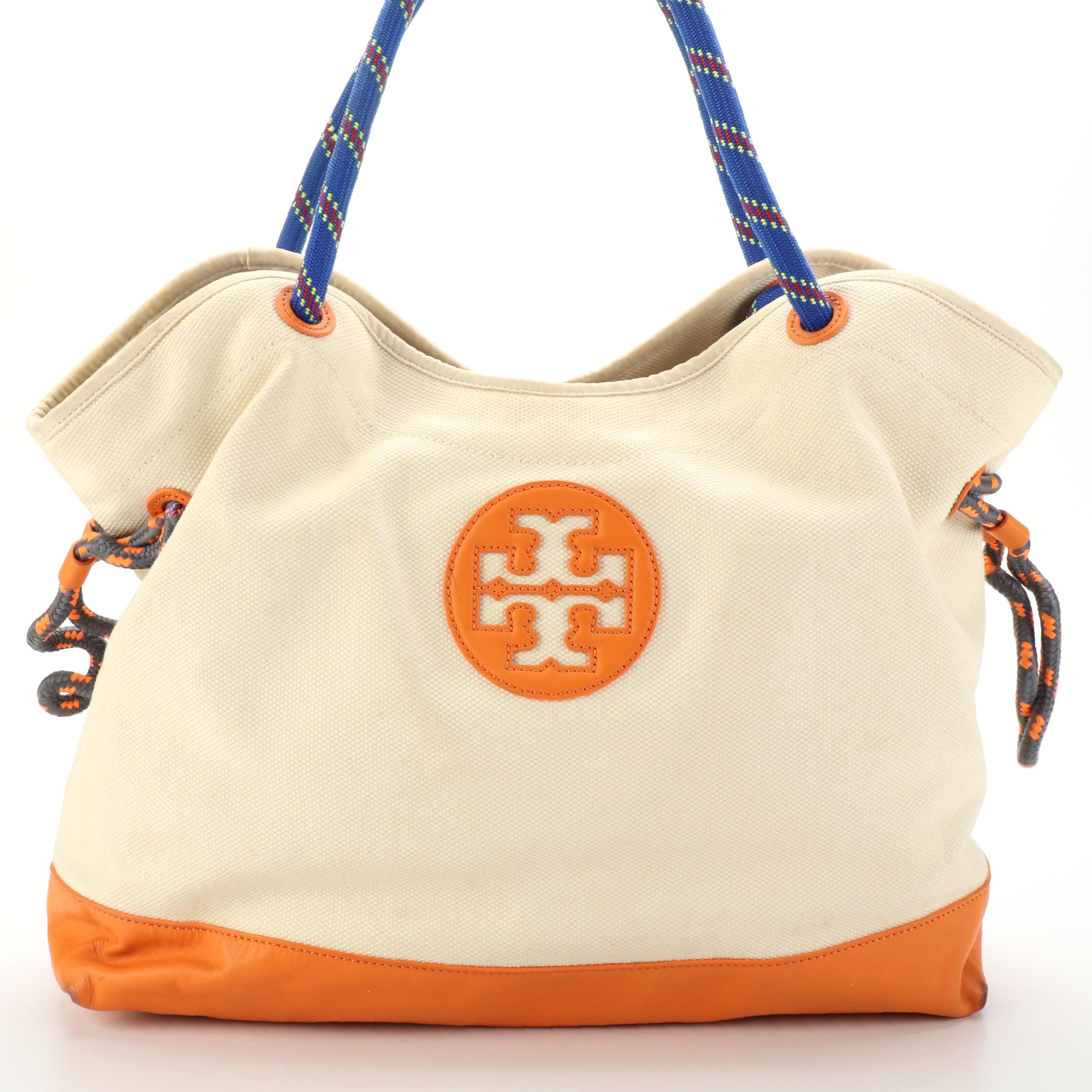 Tory Burch Logo Canvas and Leather Tote Bag