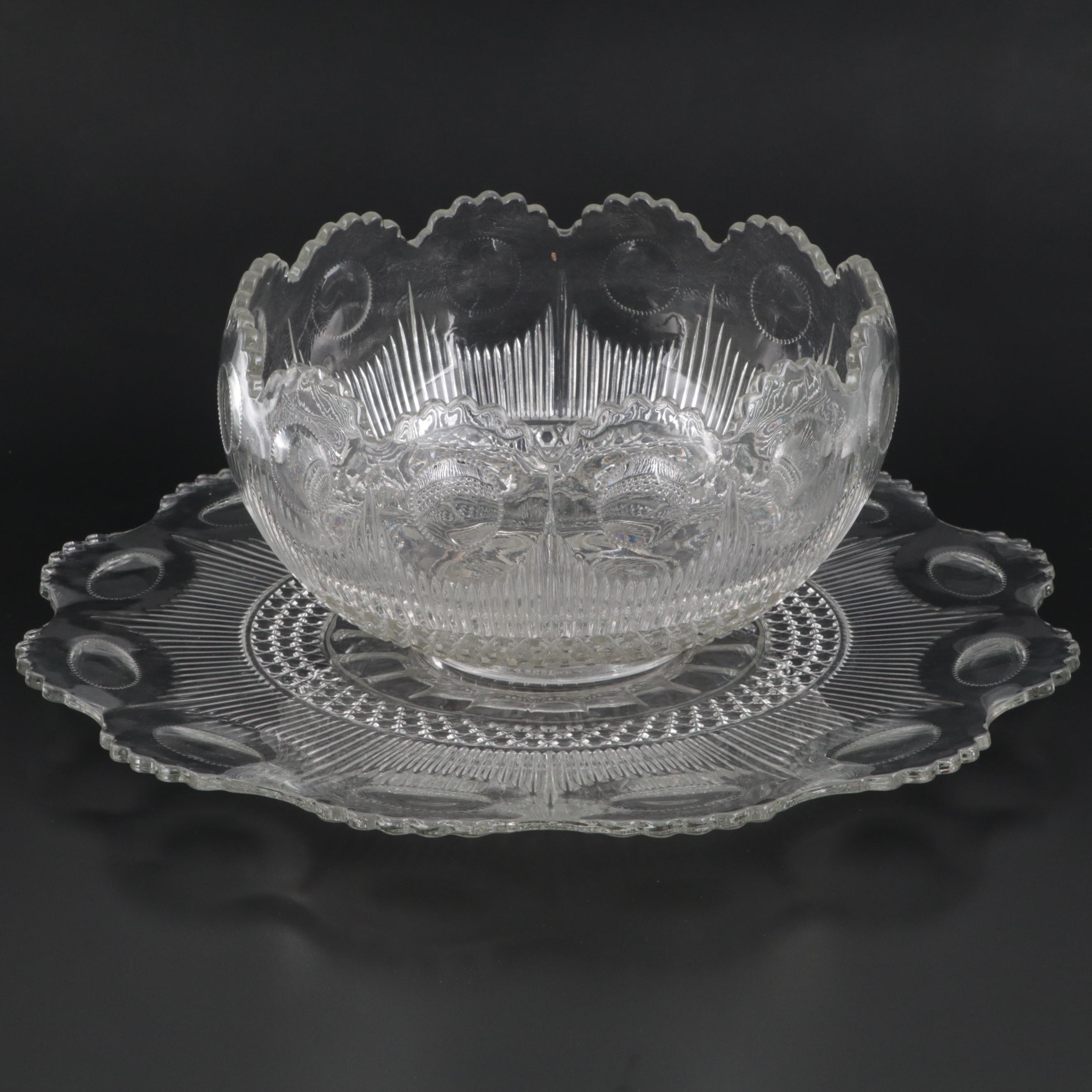 Tiffin-Franciscan "Bullseye" Pressed Glass Punch Bowl and Tray, Mid-20th Century
