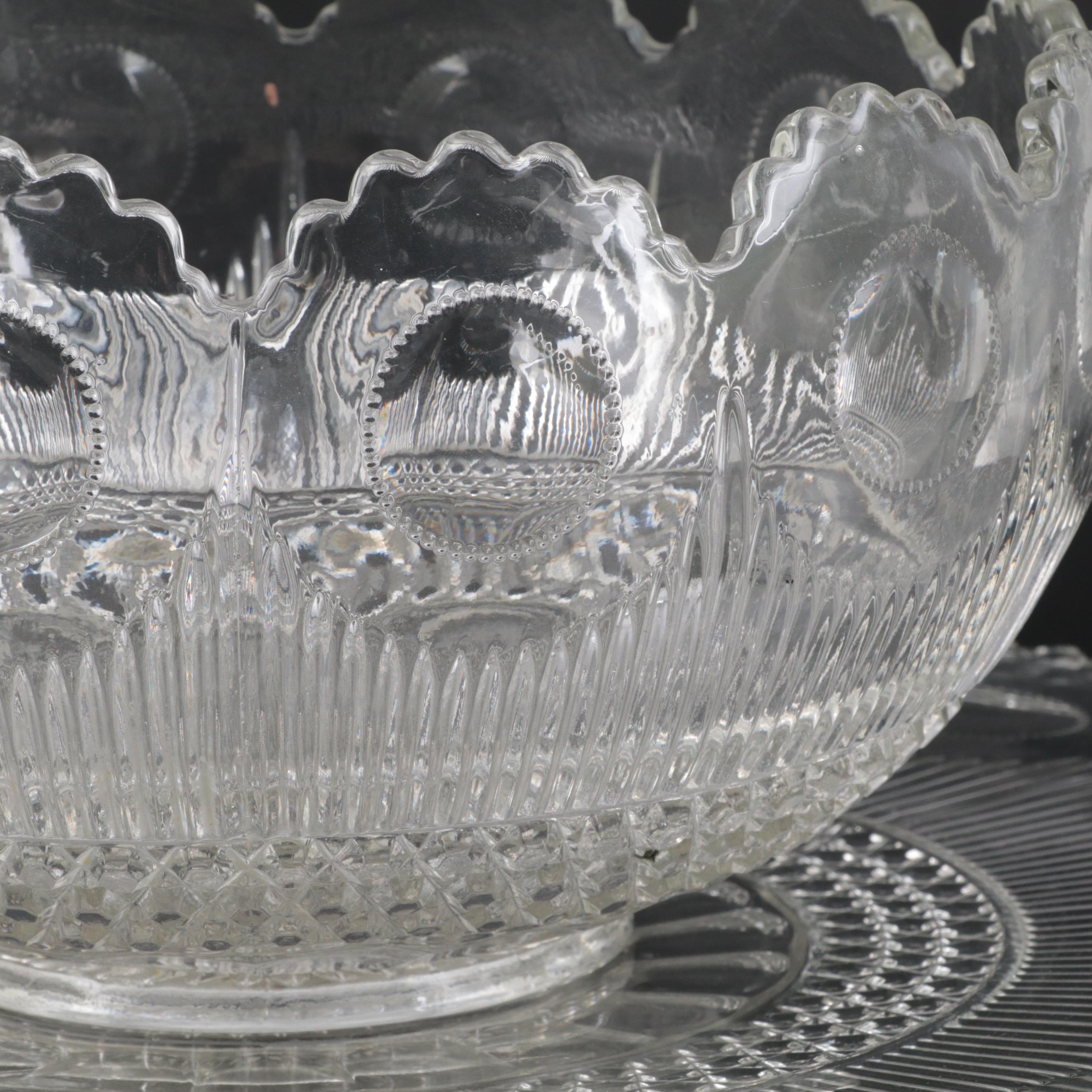 Tiffin-Franciscan "Bullseye" Pressed Glass Punch Bowl and Tray, Mid-20th Century