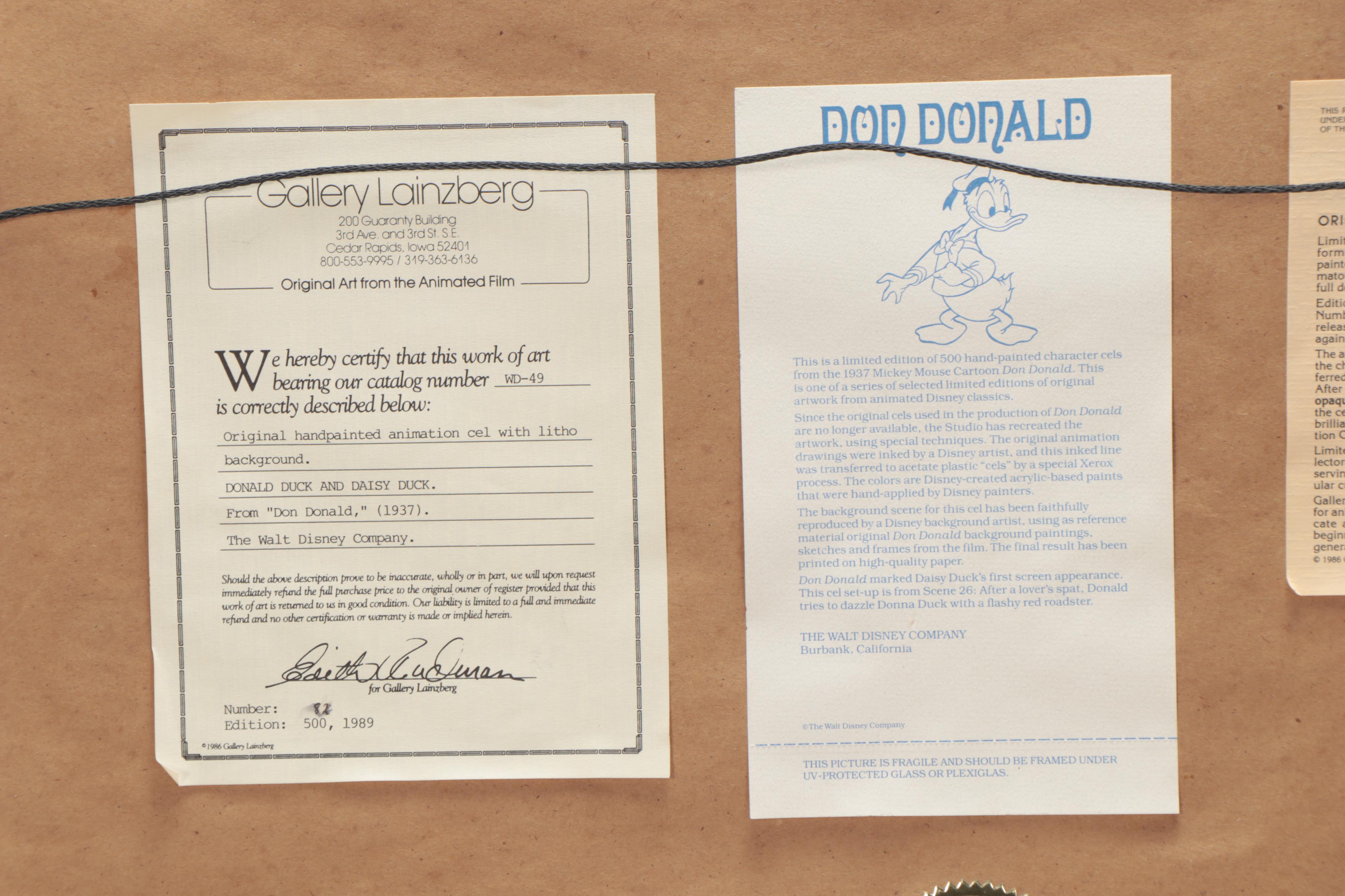 Disney "Don Donald" Hand-Painted Animation Cel, 1988