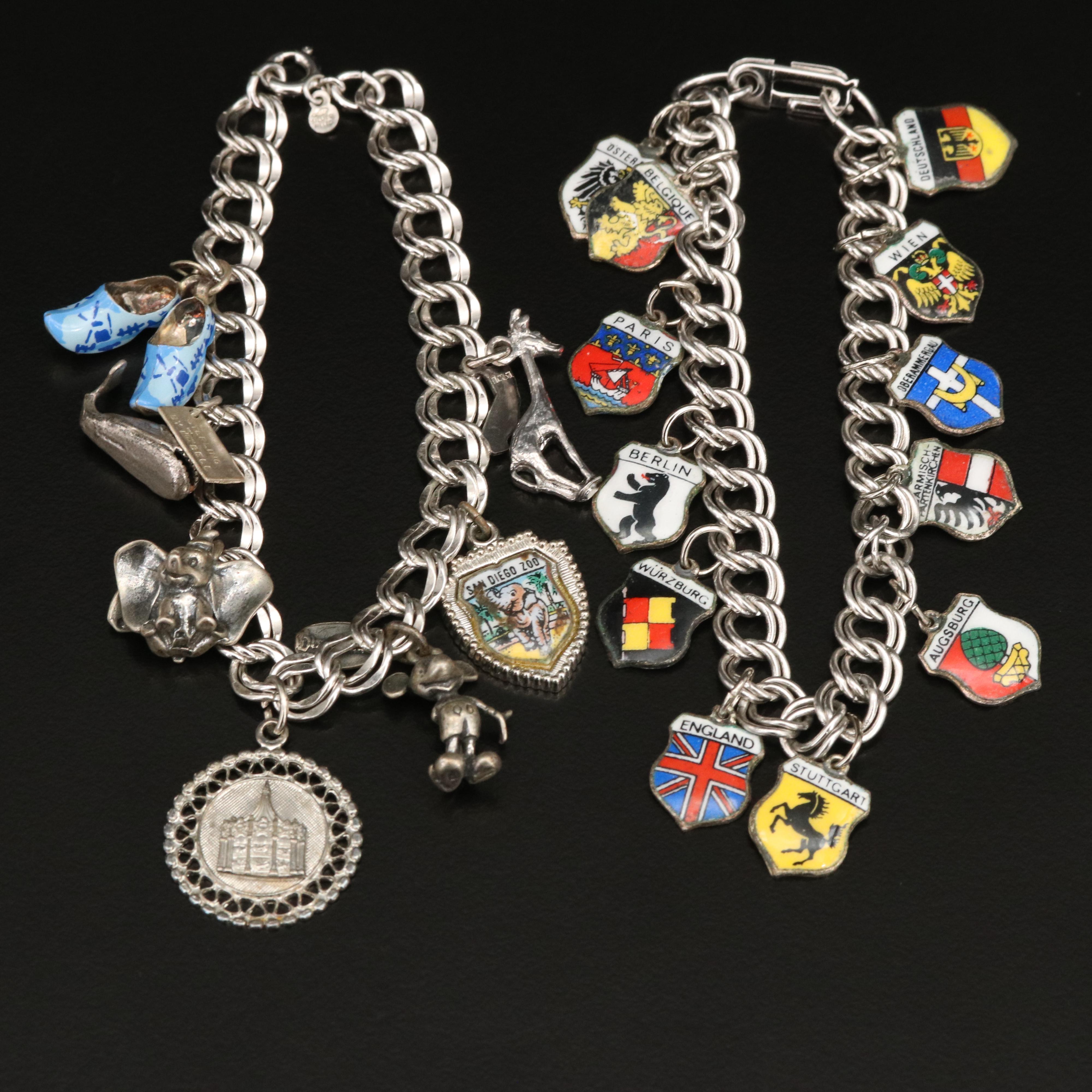 Sterling Travel Charm Bracelets with Disney and 835 Silver Charms