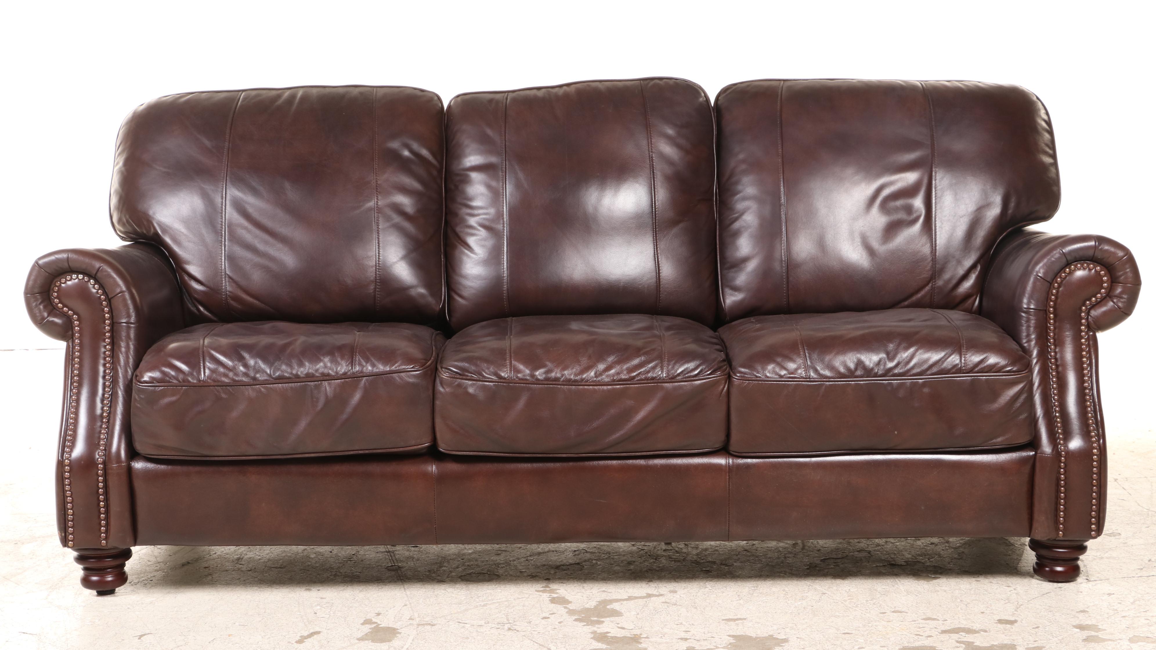 Bassett Brown Leather Roll-Arm Sofa with Nailhead Trim