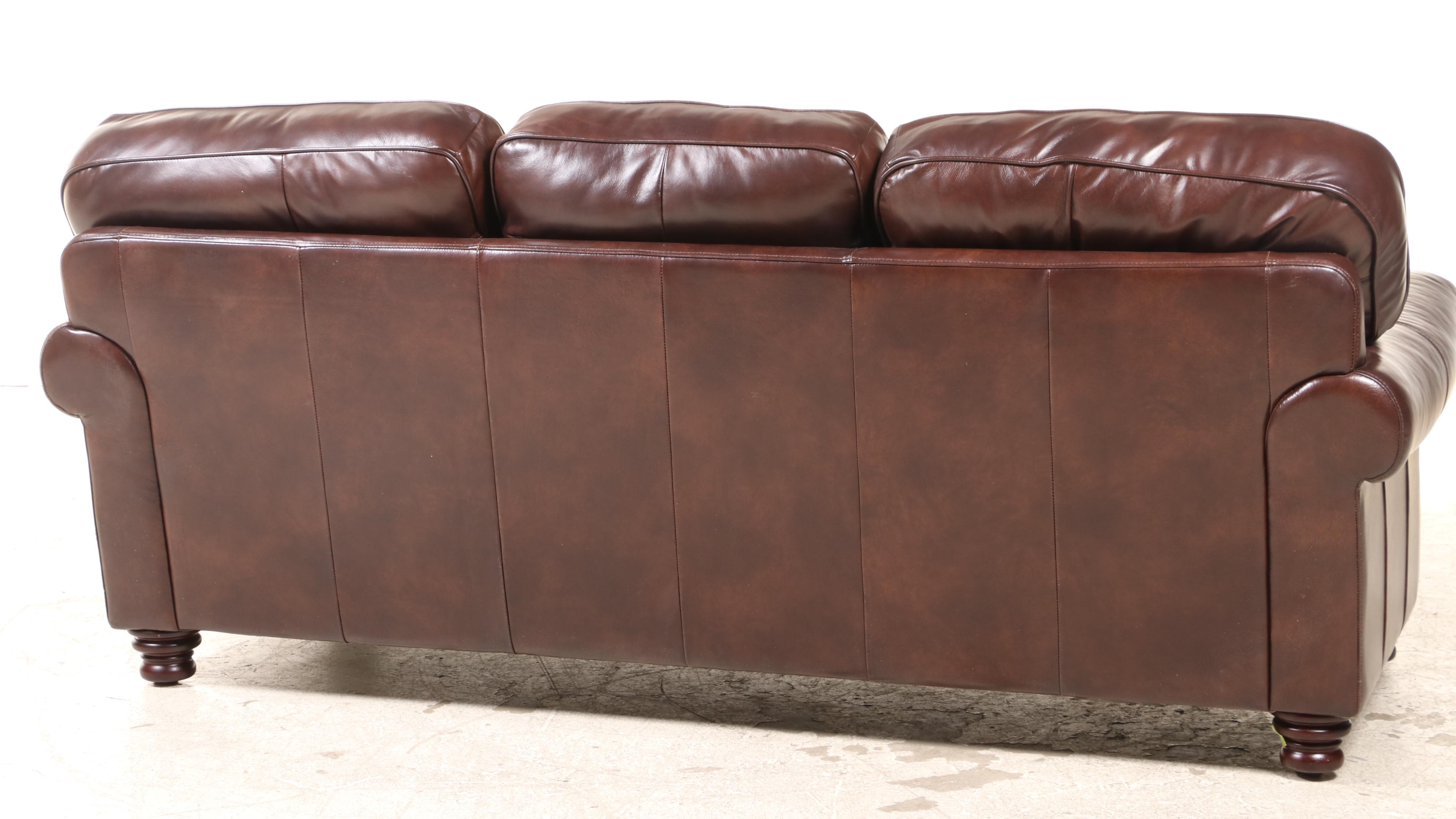 Bassett Brown Leather Roll-Arm Sofa with Nailhead Trim