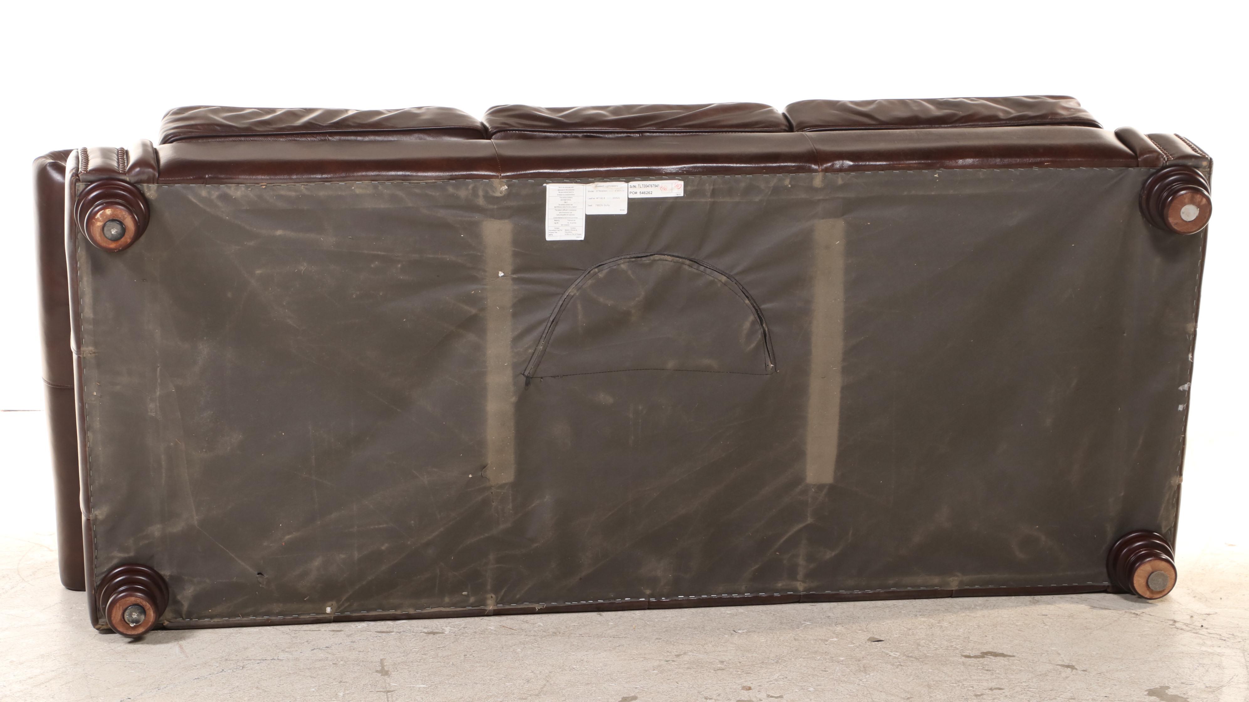 Bassett Brown Leather Roll-Arm Sofa with Nailhead Trim