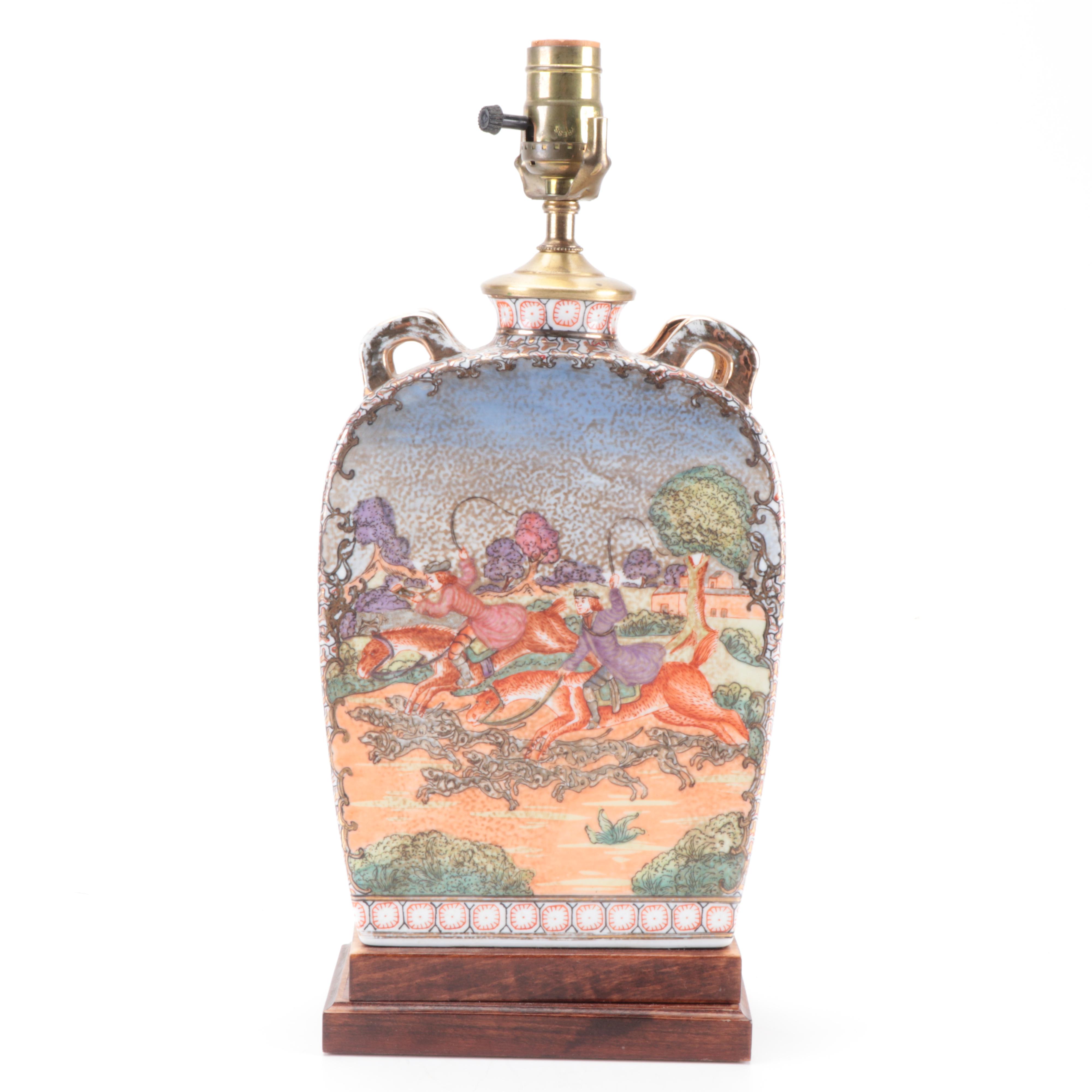 Chinese Painted Porcelain Hunt Scene Lamp