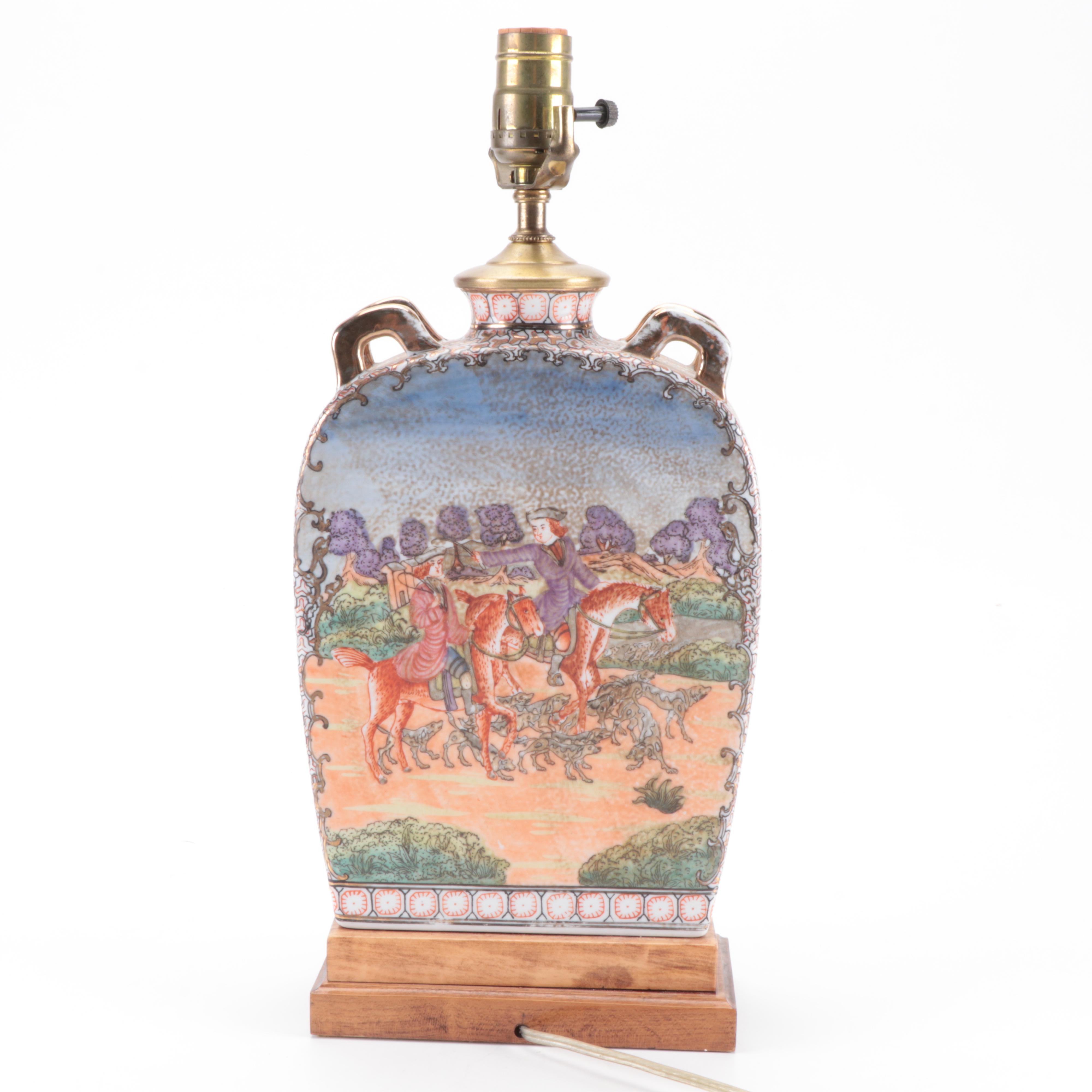 Chinese Painted Porcelain Hunt Scene Lamp